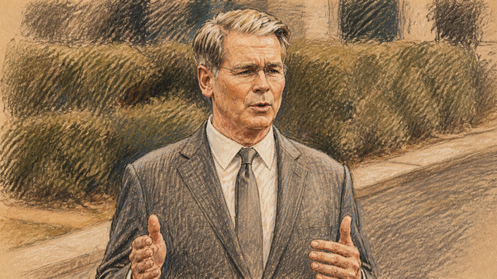 Courtroom-sketch editorial illustration of U.S. Treasury Secretary Scott Bessent in a gray suit gesturing with both hands during an outdoor press conference, drawn in warm ochre and slate-blue pastel with cross-hatching on sepia newsprint.