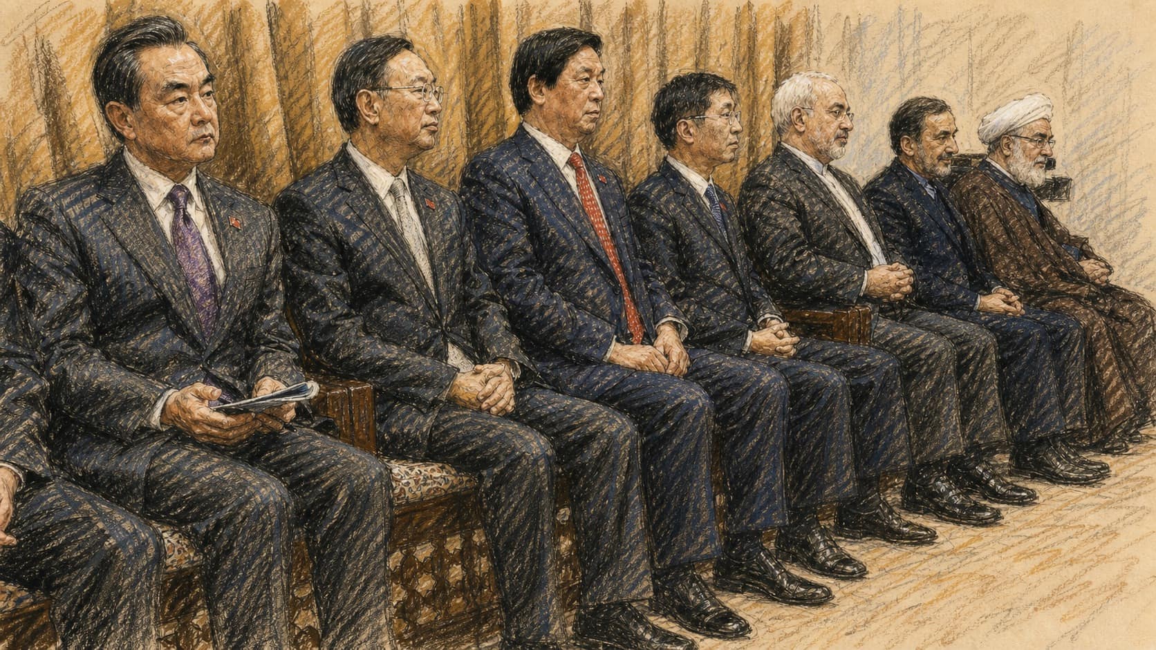 Courtroom-sketch editorial illustration of Chinese and Iranian officials seated side by side in formal delegation rows during a bilateral meeting, drawn in warm ochre and slate-blue pastel with cross-hatching on sepia newsprint.