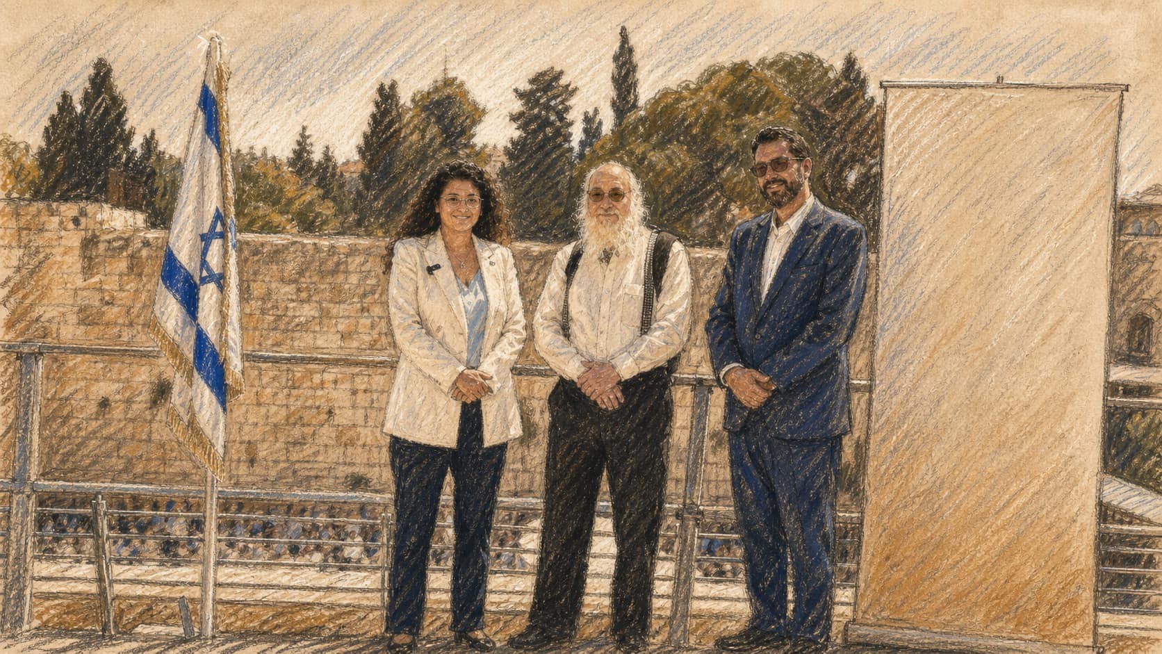 Courtroom-sketch editorial illustration of Sharren Haskel and two Israel First colleagues standing at a Jerusalem overlook beside an Israeli flag and campaign placard, drawn in warm ochre and slate-blue pastel with cross-hatching on sepia newsprint.