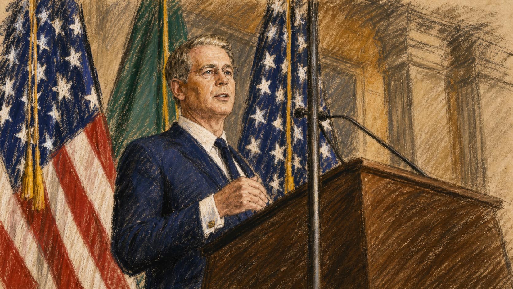Courtroom-sketch editorial illustration of U.S. Treasury Secretary Scott Bessent speaking at a dark wooden lectern between U.S. flags, drawn in warm ochre and slate-blue pastel with cross-hatching on sepia newsprint.