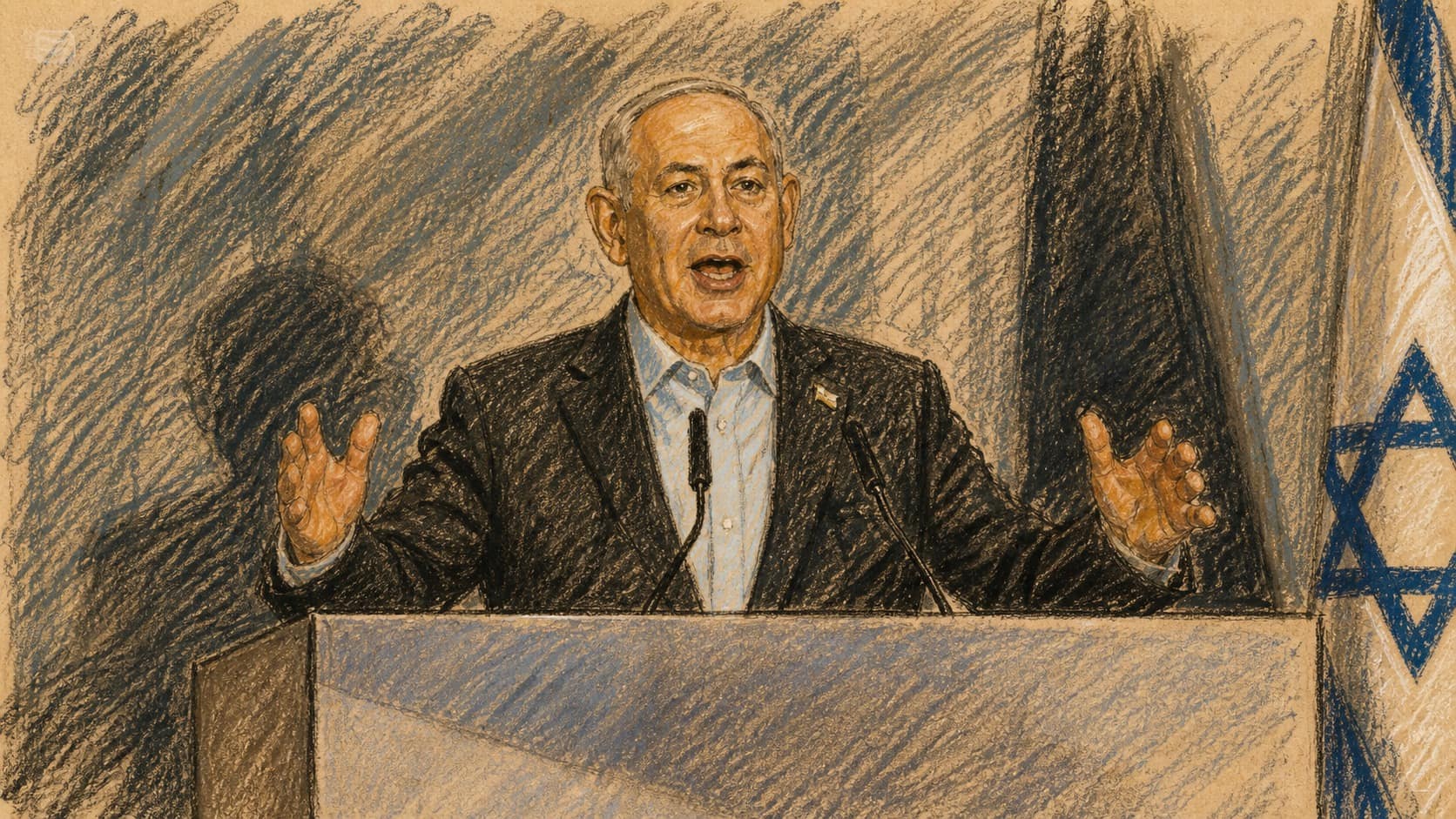 Courtroom-sketch editorial illustration of Prime Minister Benjamin Netanyahu speaking at a lectern with both hands raised, microphones before him and an Israeli flag at the right, drawn in warm ochre and slate-blue pastel with cross-hatching on sepia newsprint.