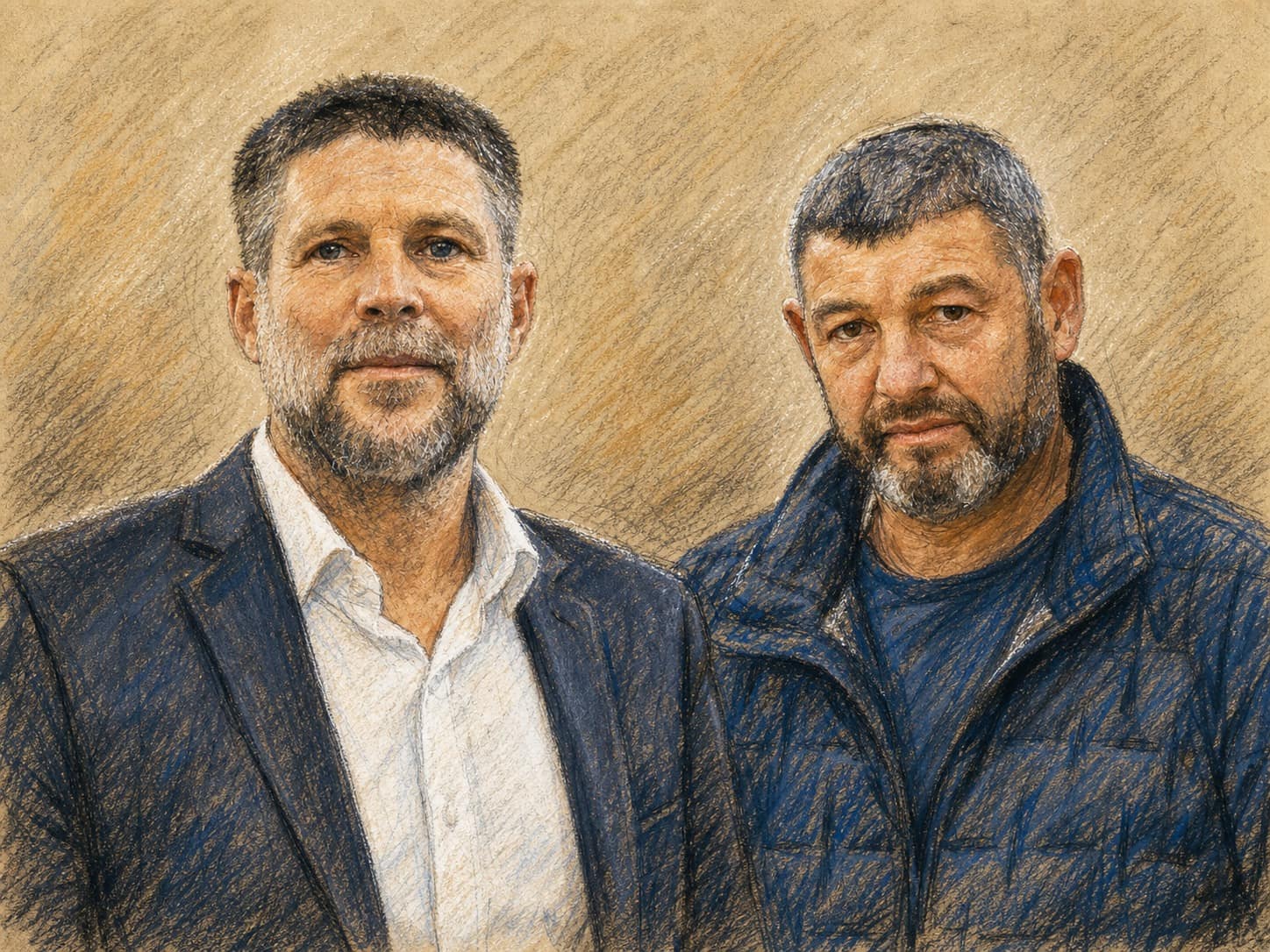 Courtroom-sketch editorial illustration of two bearded men standing shoulder-to-shoulder against a neutral backdrop, one in a dark suit and white shirt and the other in a navy quilted jacket, drawn in warm ochre and slate-blue pastel with cross-hatching on sepia newsprint.