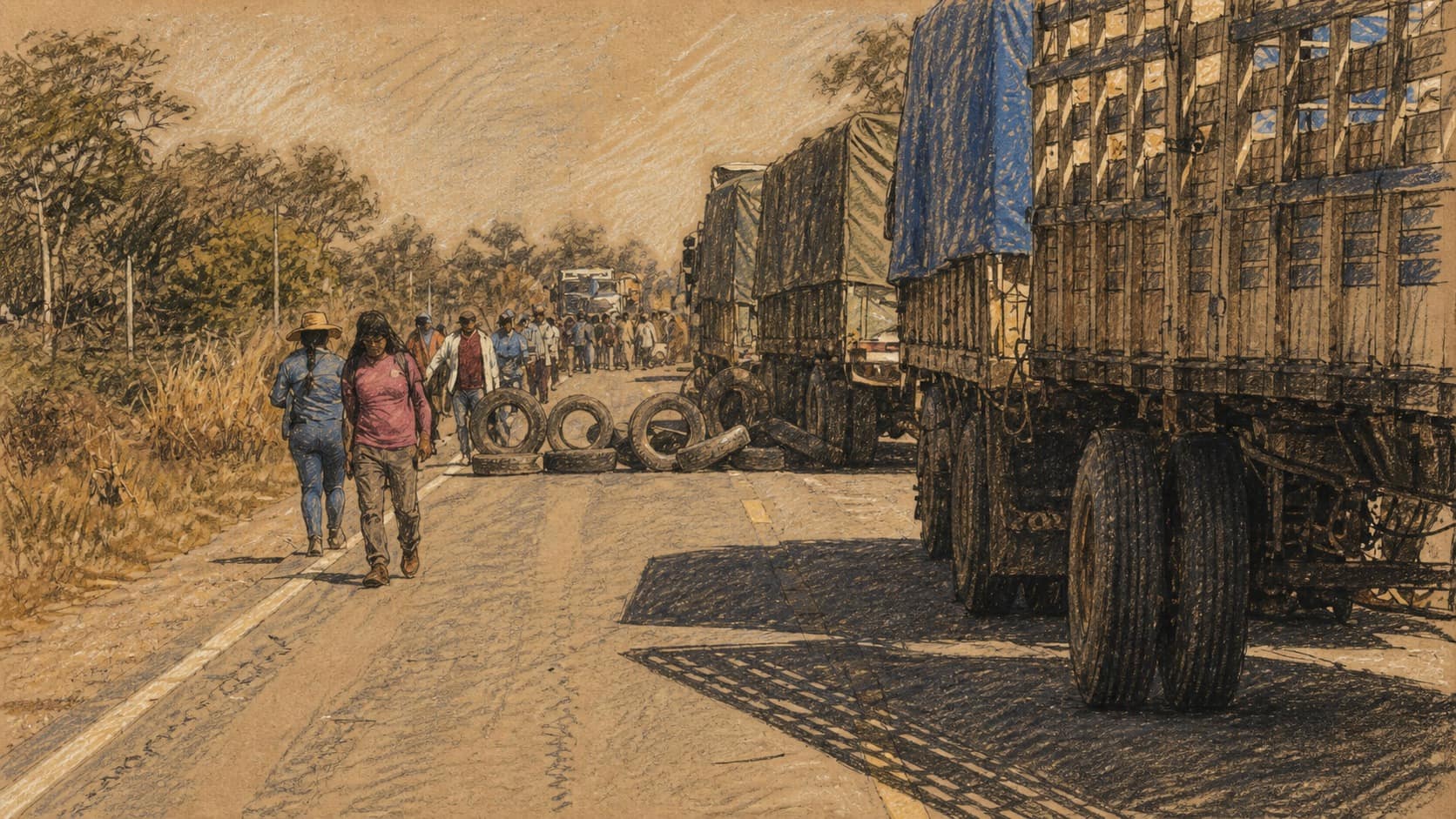 Courtroom-sketch editorial illustration of cargo trucks and pedestrians stopped behind a tire roadblock on a rural Bolivian highway, rendered in warm ochre and slate-blue pastel strokes.