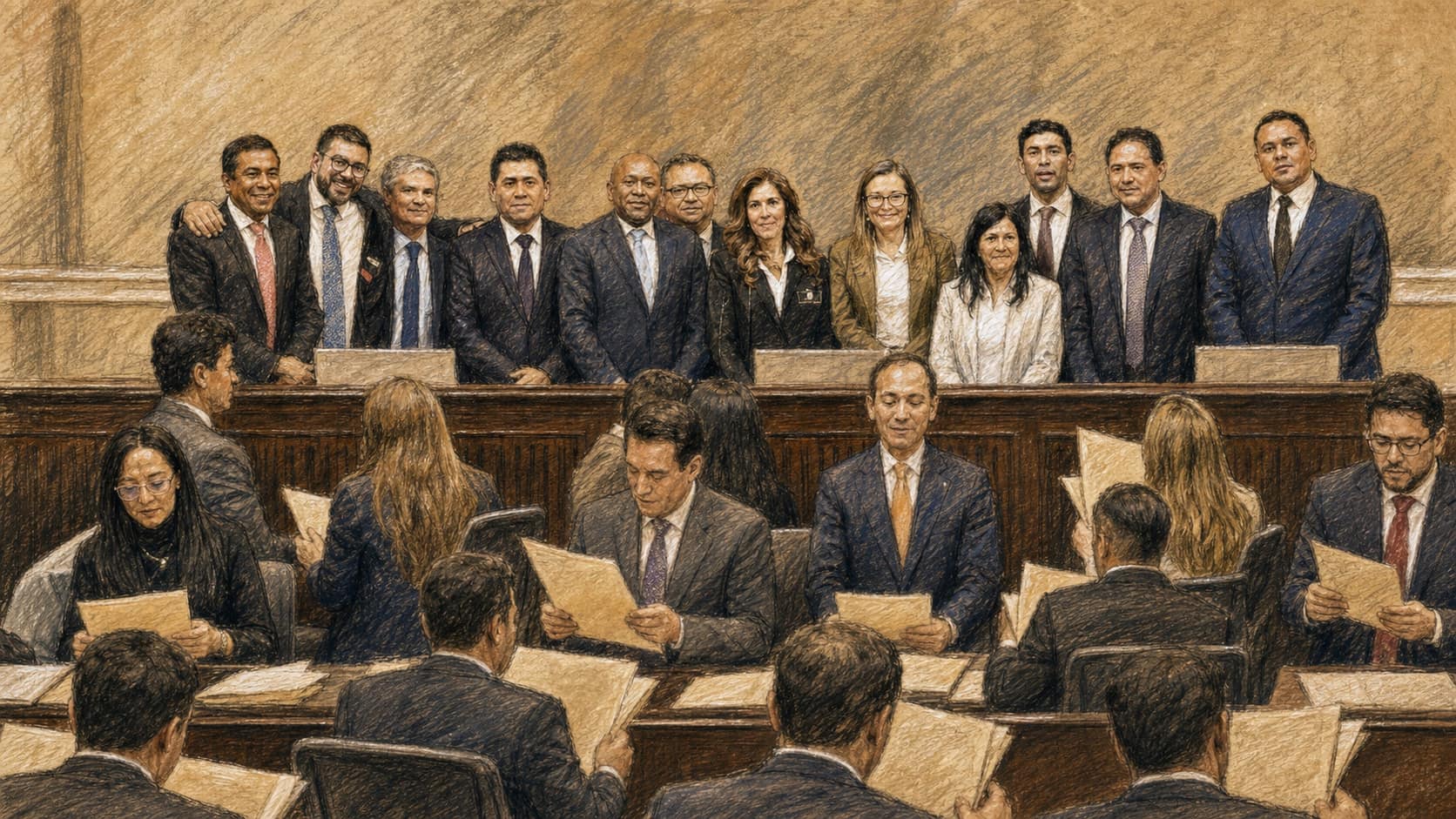 Courtroom-sketch editorial illustration of Colombia's electoral-council members standing at the congressional dais while lawmakers review ballots and documents in the joint chamber foreground, rendered in warm ochre and slate-blue pastel strokes.