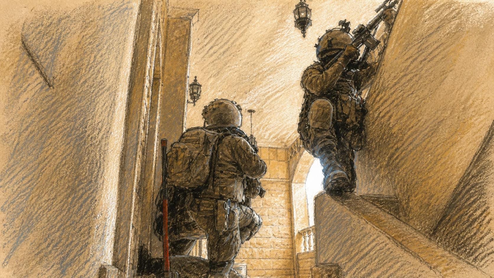 Courtroom-sketch editorial illustration of two Givati soldiers in tactical gear moving through a narrow stone stairwell, with one climbing beside the wall while holding a rifle, drawn in warm ochre and slate-blue pastel with cross-hatching on sepia newsprint.