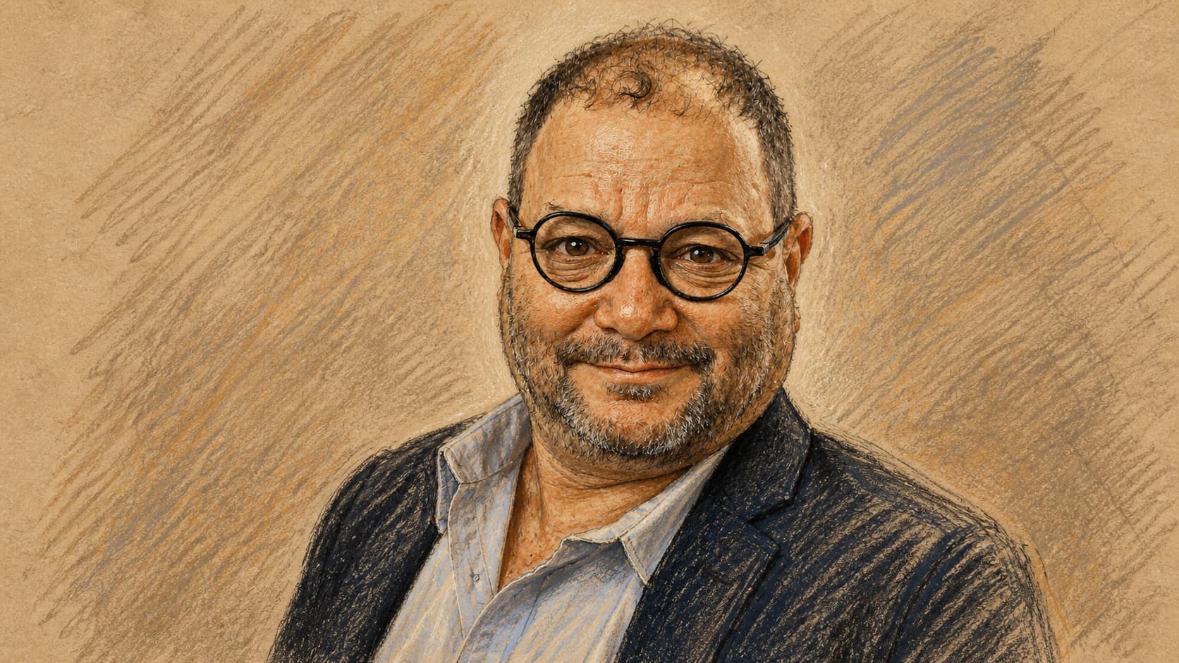 Courtroom-sketch editorial illustration of MK Ofer Cassif facing the camera in round dark-framed glasses, a dark jacket, and a light open-collar shirt against a neutral backdrop, drawn in warm ochre and slate-blue pastel with cross-hatching on sepia newsprint.