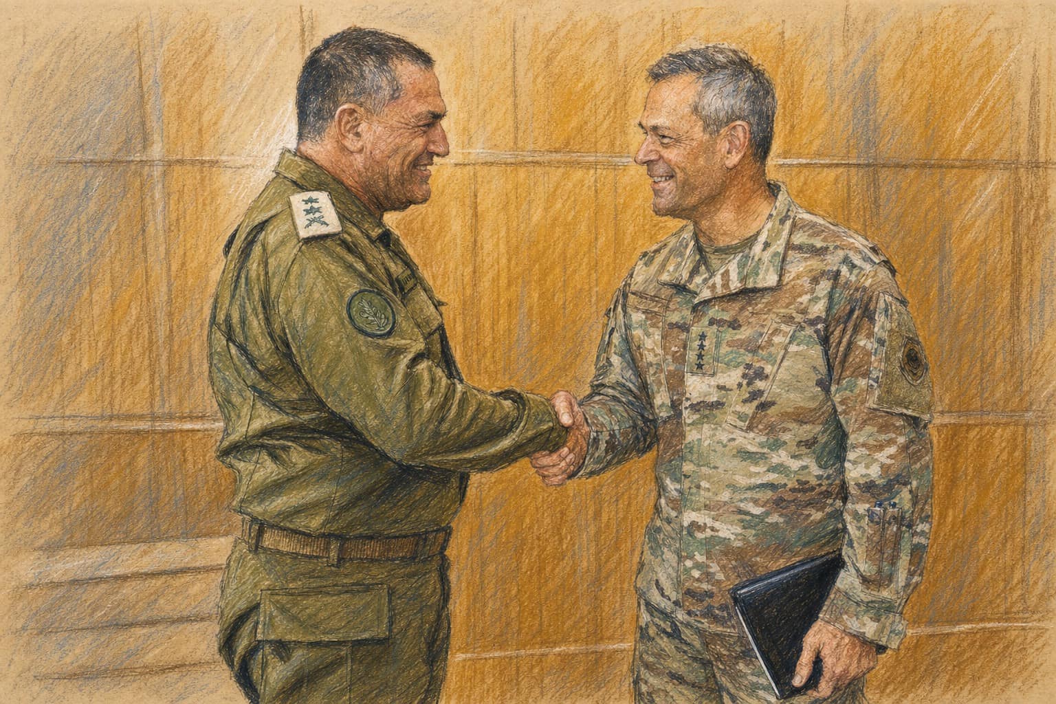 Courtroom-sketch editorial illustration of IDF Chief of the General Staff Eyal Zamir and U.S. Air Force Chief of Staff David Allvin smiling and shaking hands in uniform against a pale wood-paneled wall, with Allvin holding a dark folder, drawn in warm ochre and slate-blue pastel with cross-hatching on sepia newsprint.
