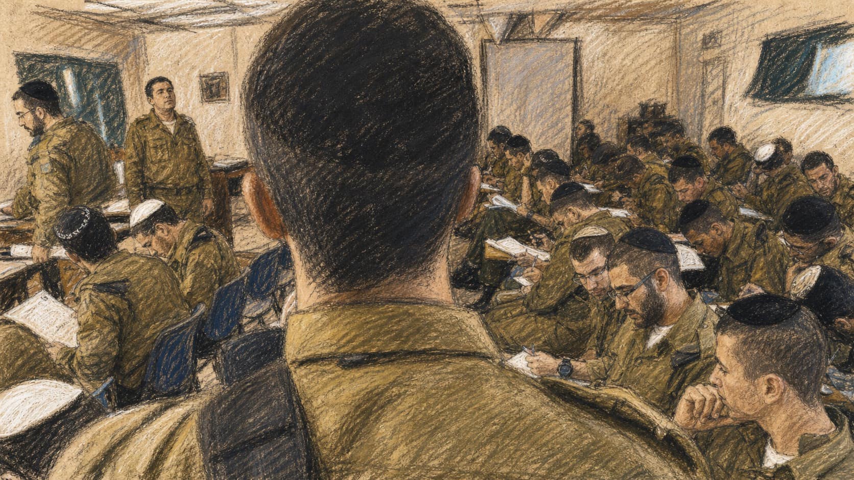Courtroom-sketch editorial illustration of a crowded classroom of Haredi Israeli soldiers in olive uniforms studying at desks, viewed over the shoulder of a standing soldier in the foreground, drawn in warm ochre and slate-blue pastel with cross-hatching on sepia newsprint.