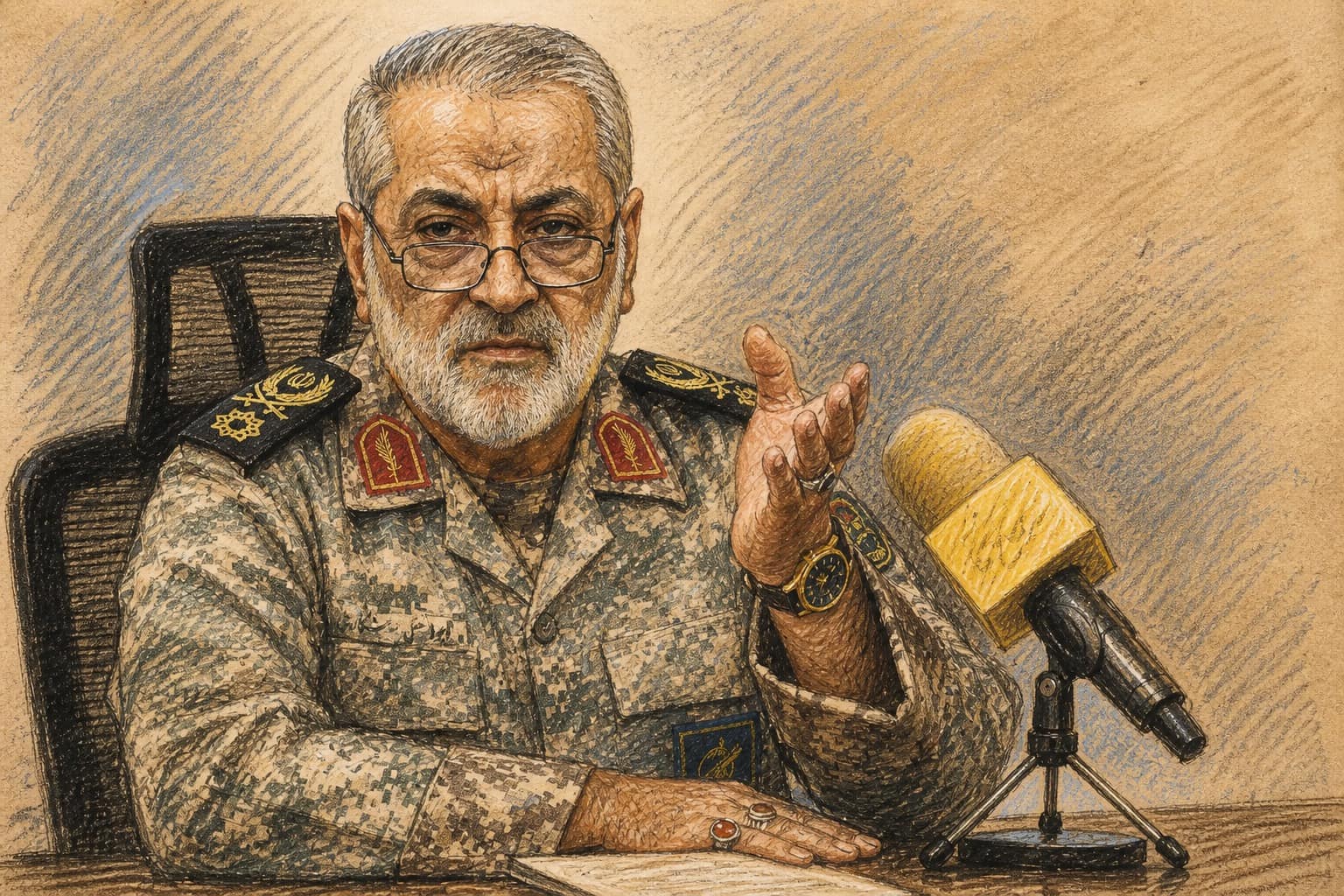 Courtroom-sketch editorial illustration of an Iranian military spokesperson seated at a desk in camouflage uniform, gesturing beside a yellow microphone, rendered in warm ochre and slate-blue pastel strokes.