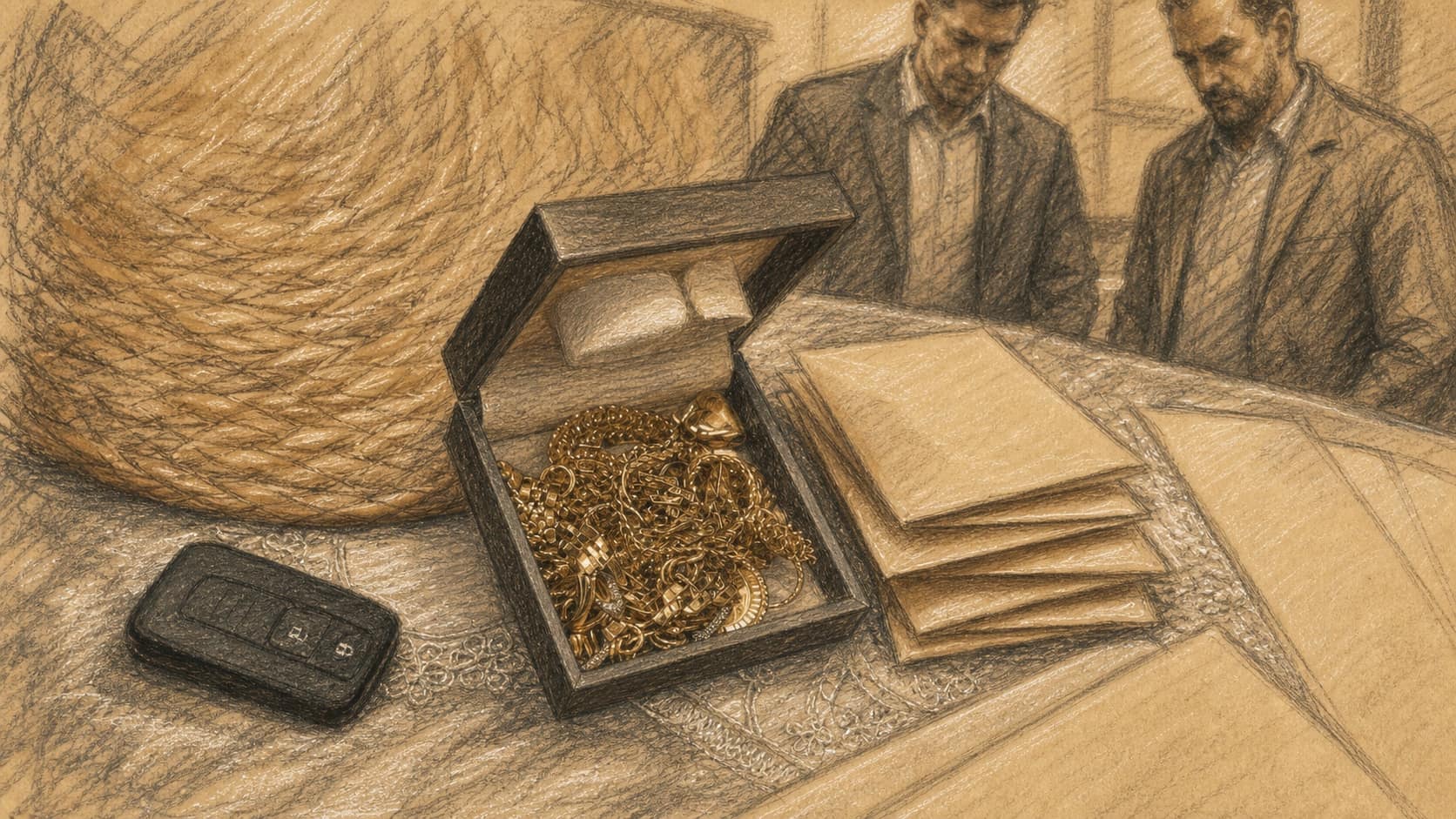Courtroom-sketch editorial illustration of an evidence table with gold jewelry, unmarked cash, a vehicle key, case documents, and plainclothes investigators in the background, rendered in warm ochre and slate-blue pastel strokes.