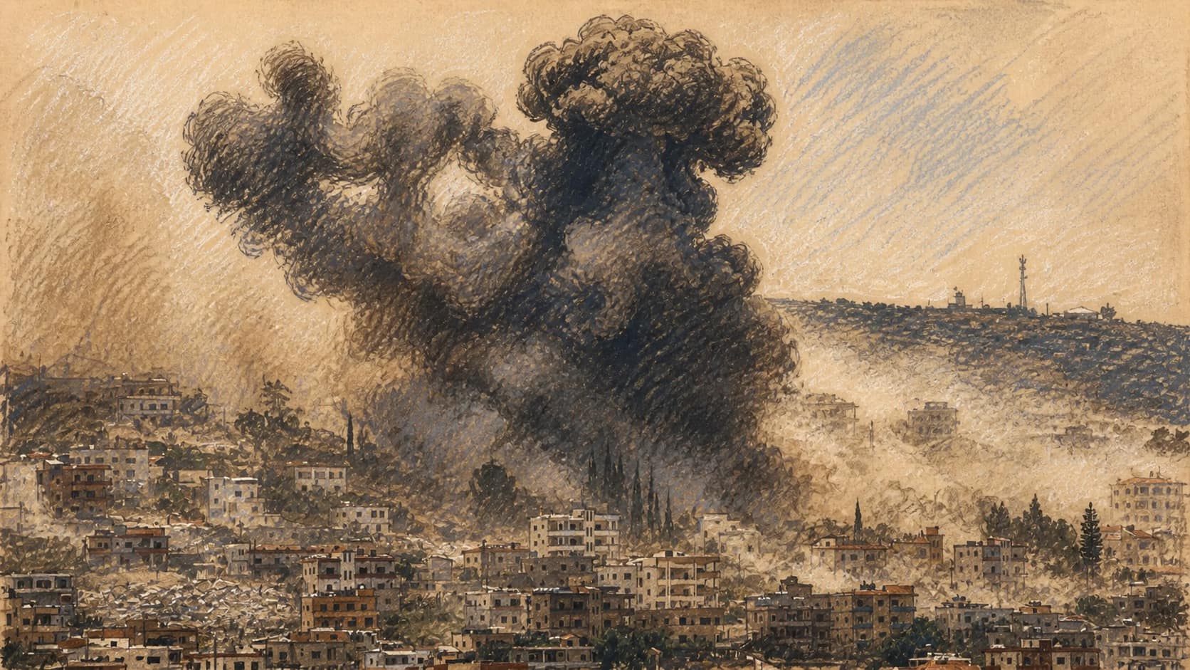 Courtroom-sketch editorial illustration of towering dark smoke plumes rising above a densely built hillside town as pale dust and haze spread across the lower slopes, drawn in warm ochre and slate-blue pastel with cross-hatching on sepia newsprint.