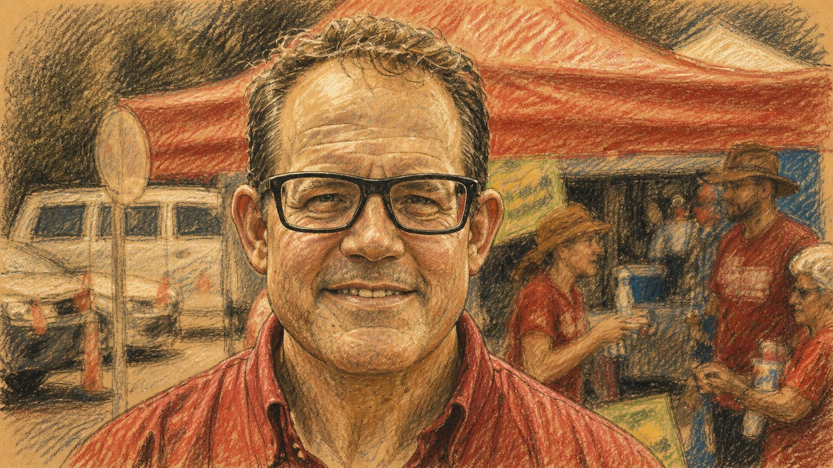 Courtroom-sketch editorial illustration of Luke Gosling wearing black glasses and a red collared shirt at an outdoor community event, rendered in warm ochre and slate-blue pastel strokes.