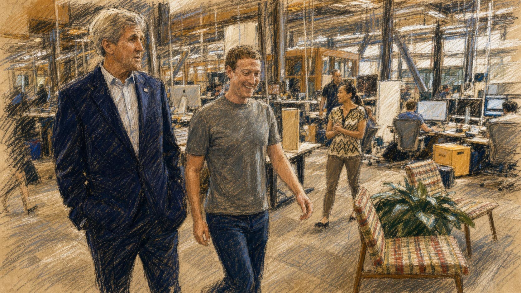 Courtroom-sketch editorial illustration of Mark Zuckerberg walking through Facebook’s open-plan headquarters beside U.S. Secretary of State John Kerry, rendered in warm ochre and slate-blue pastel strokes.