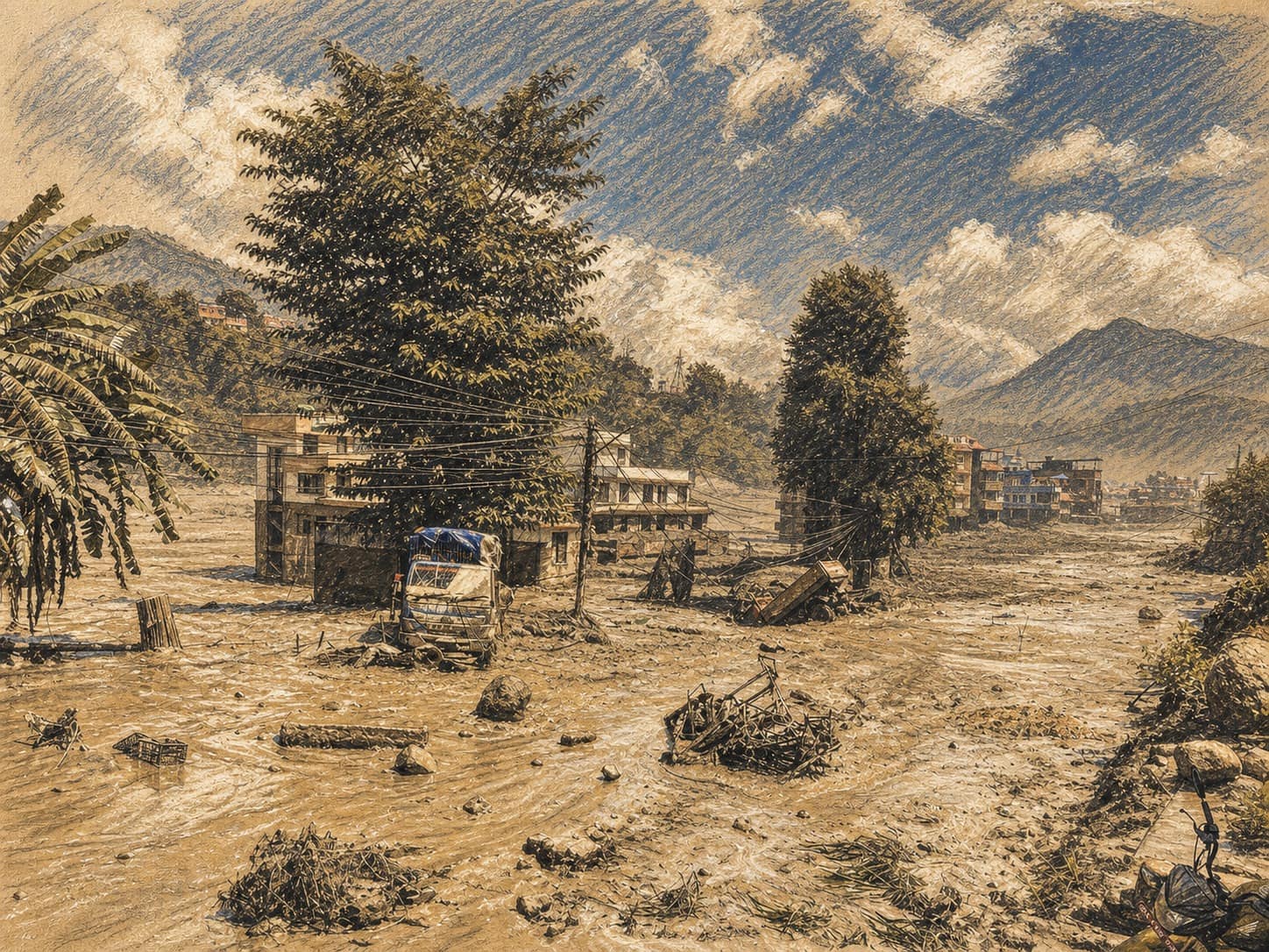 Courtroom-sketch editorial illustration of a Nepalese mountain settlement overwhelmed by muddy floodwaters and debris, with damaged buildings and a stranded truck rendered in warm ochre and slate-blue pastel strokes.