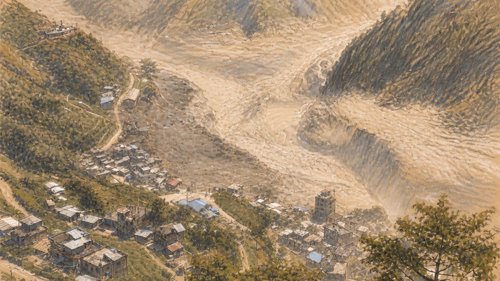Courtroom-sketch editorial illustration of a wide Himalayan valley where a pale flash-flood and debris channel sweeps past a hillside settlement, rendered in warm ochre and slate-blue pastel strokes.