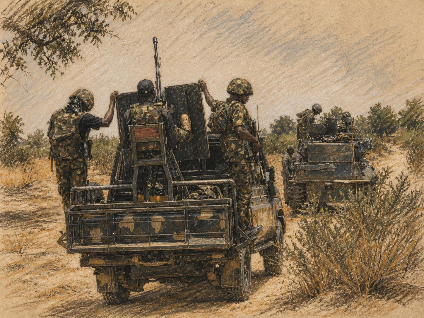 Courtroom-sketch editorial illustration of soldiers riding in and standing on two military vehicles traveling along a dry rural track, rendered in warm ochre and slate-blue pastel strokes.