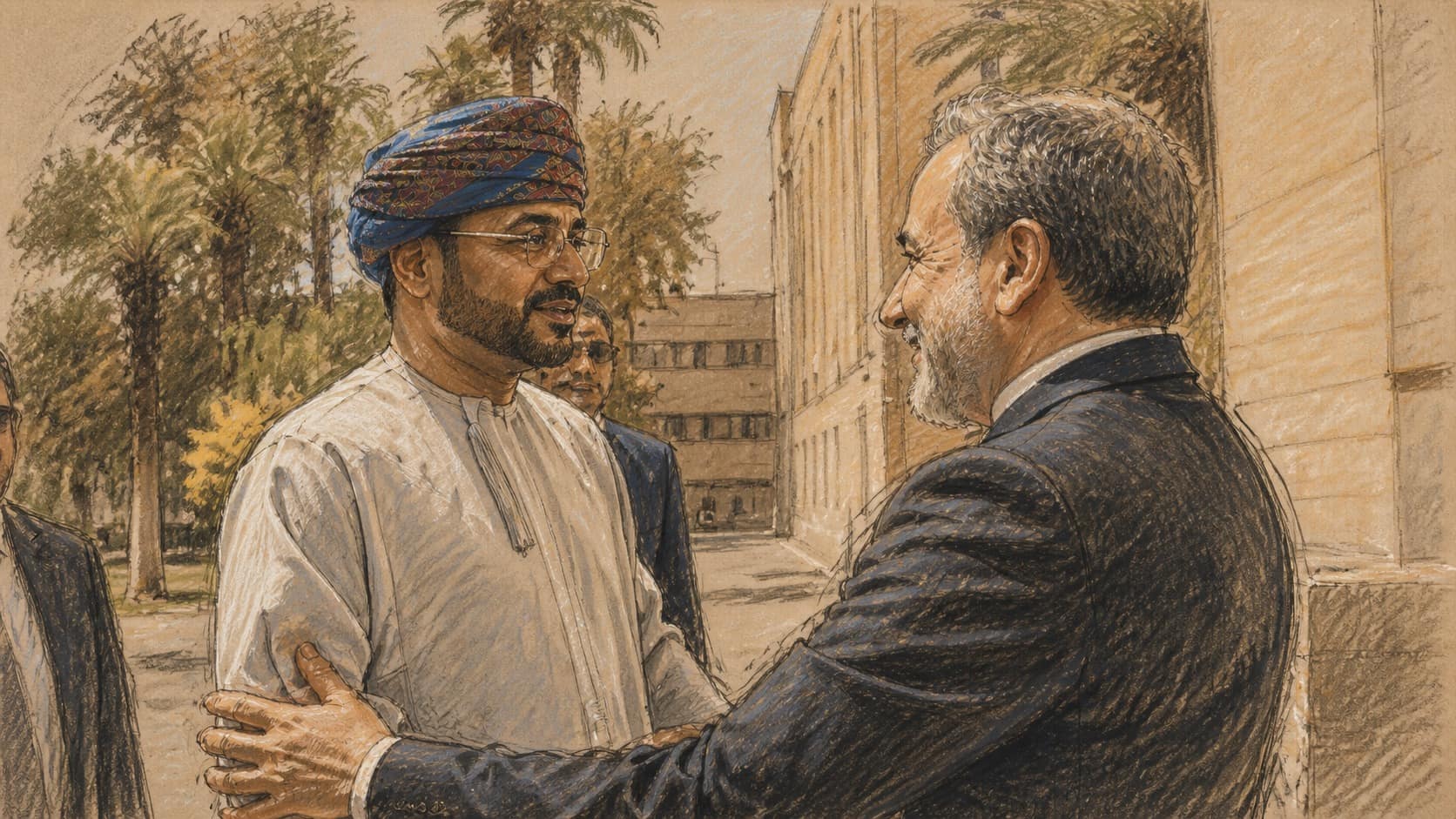 Courtroom-sketch editorial illustration of two senior diplomats greeting outdoors beside a stone building and palm trees, rendered in warm ochre and slate-blue pastel strokes.