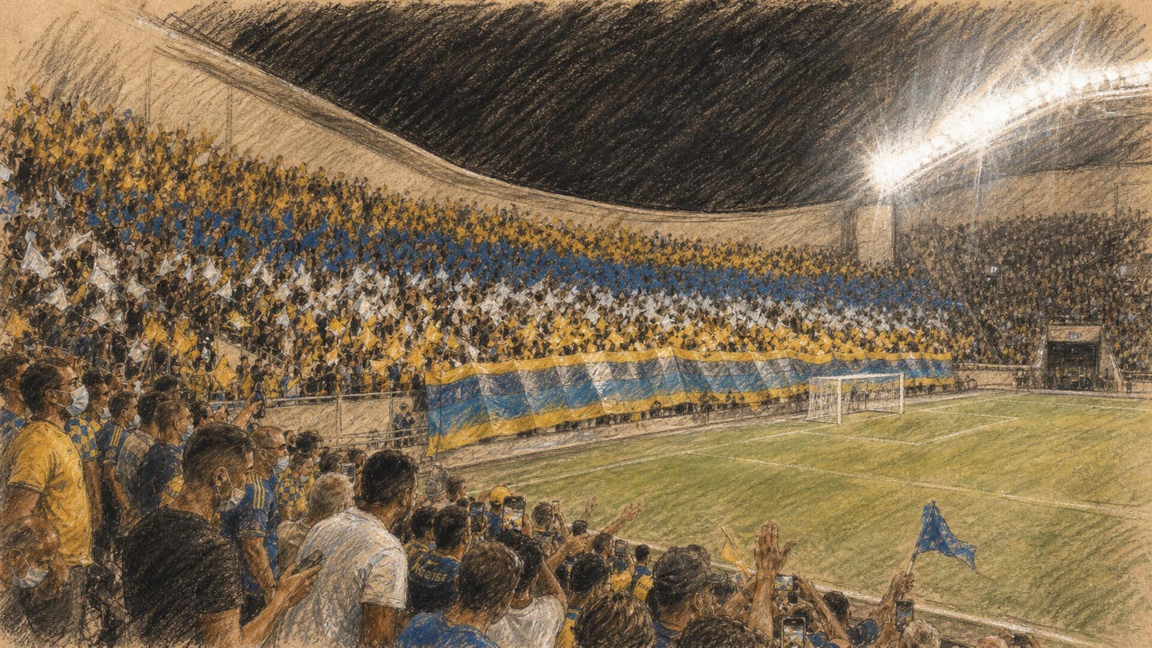 Courtroom-sketch editorial illustration of a packed Maccabi Tel Aviv football crowd in yellow and blue facing the pitch under bright nighttime stadium lights, drawn in warm ochre and slate-blue pastel with cross-hatching on sepia newsprint.
