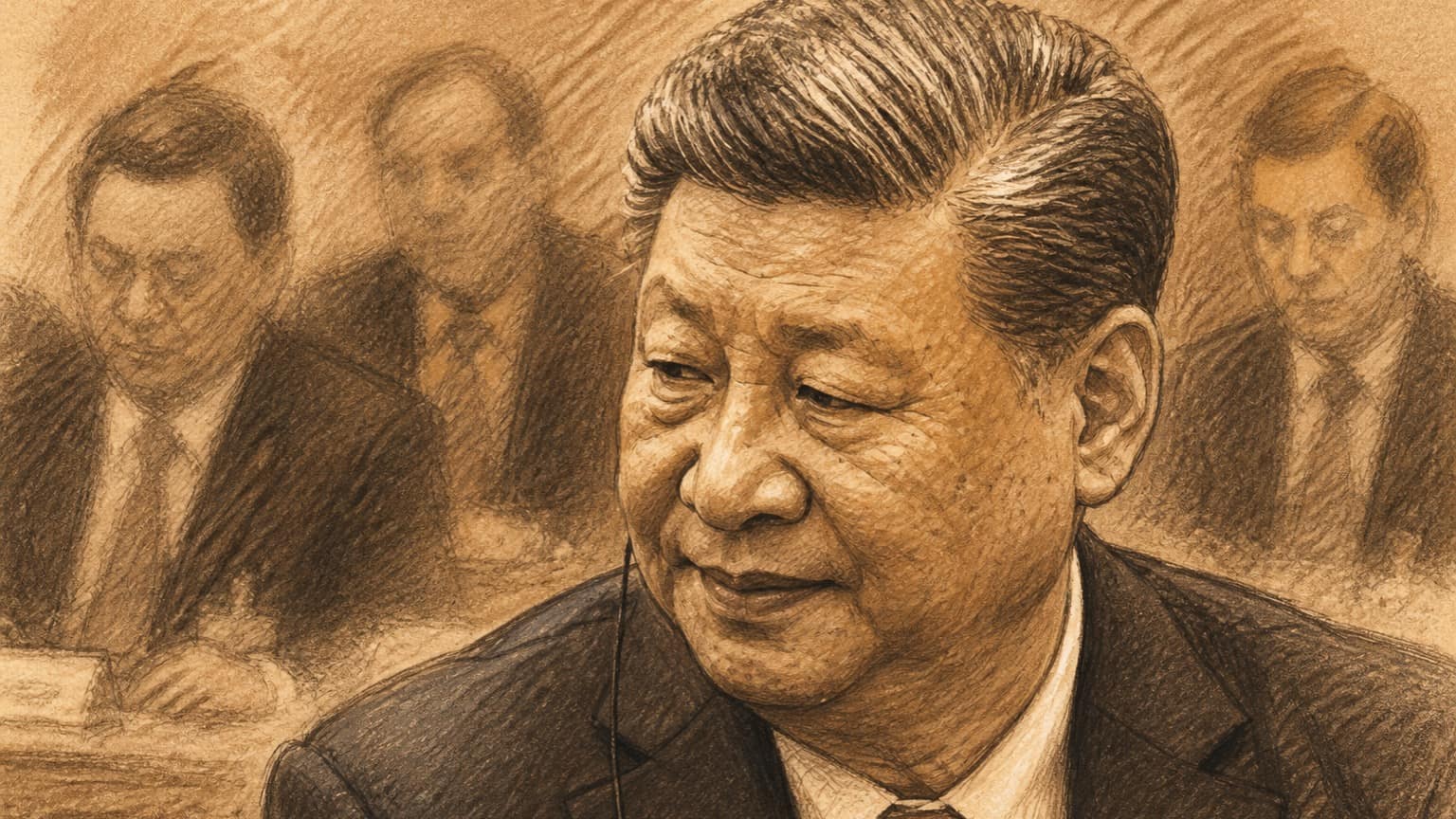 Courtroom-sketch editorial illustration of Xi Jinping seated in close view at a diplomatic summit table with unmarked national delegates behind him, rendered in warm monochrome sepia pastel strokes.