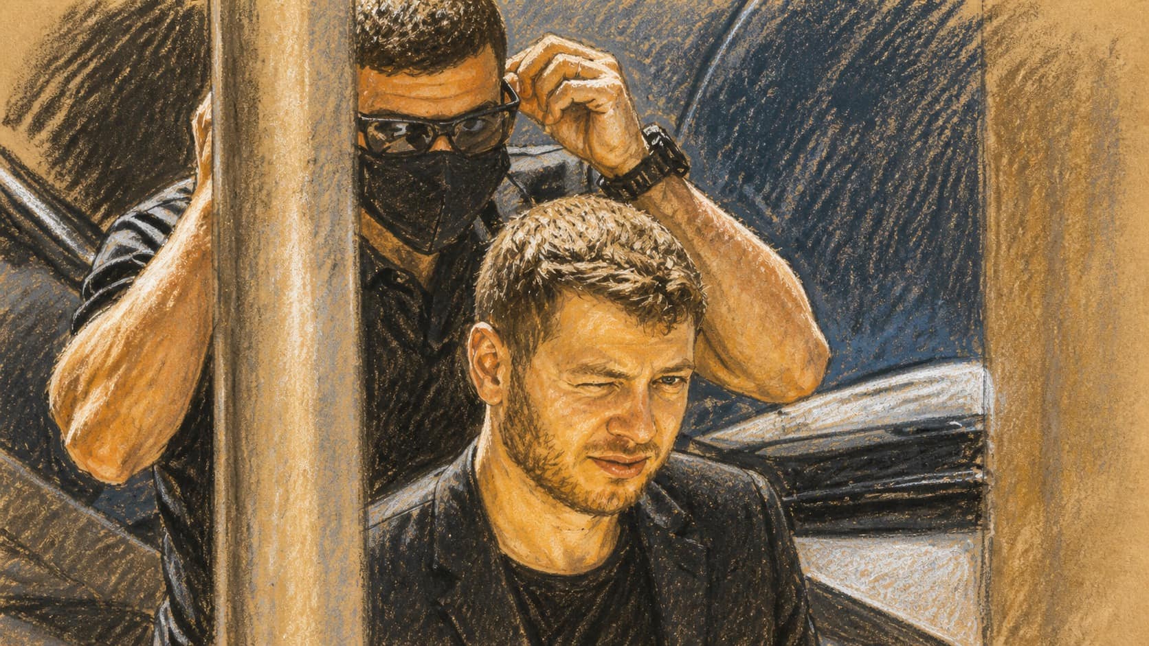Courtroom-sketch editorial illustration of Yair Netanyahu in black walking beside a dark vehicle as a black-clad security guard adjusts his face covering behind him, with a foreground pole partly obscuring the scene, drawn in warm ochre and slate-blue pastel with cross-hatching on sepia newsprint.