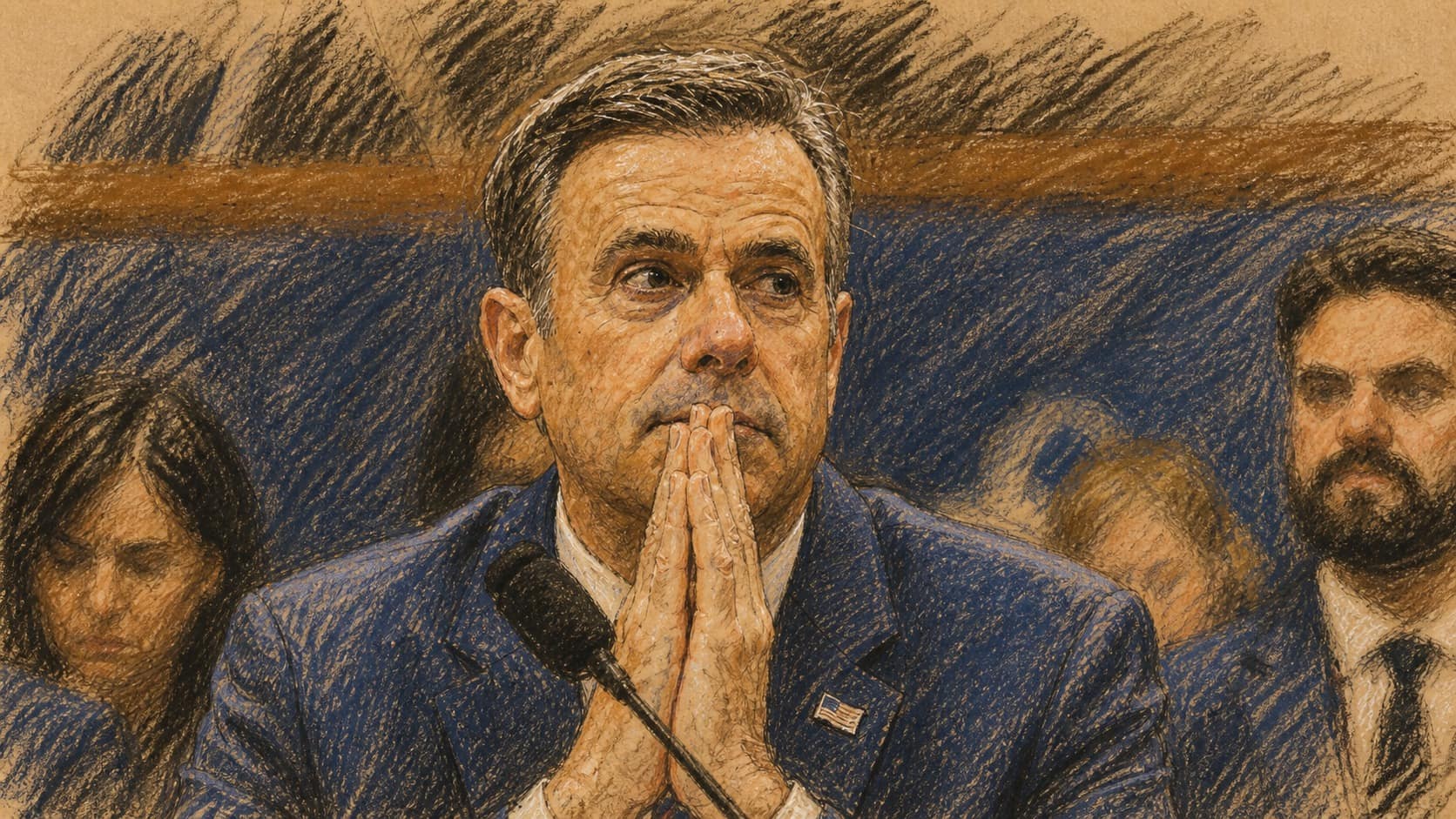 Courtroom-sketch editorial illustration of CIA Director John Ratcliffe seated at a hearing with his hands pressed beneath his face, rendered in warm ochre and slate-blue pastel strokes.