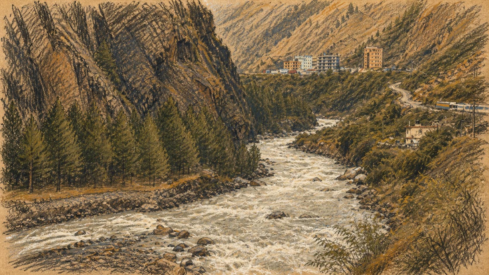 Courtroom-sketch editorial illustration of a fast-flowing mountain river winding through Rasuwa's steep green valley, with rocky banks, pines, a road, and distant buildings, rendered in warm ochre and slate-blue pastel strokes.