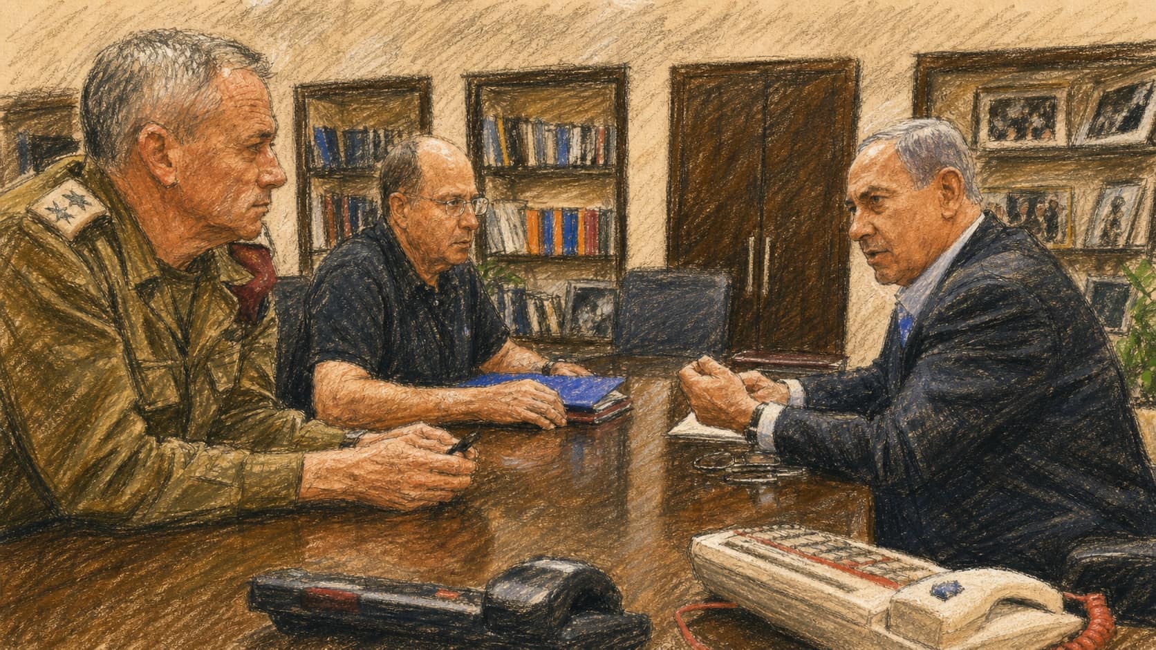 Courtroom-sketch editorial illustration of Benjamin Netanyahu seated across a conference table from a senior IDF officer and a civilian official, with office bookshelves behind them and a cream telephone in the foreground, drawn in warm ochre and slate-blue pastel with cross-hatching on sepia newsprint.