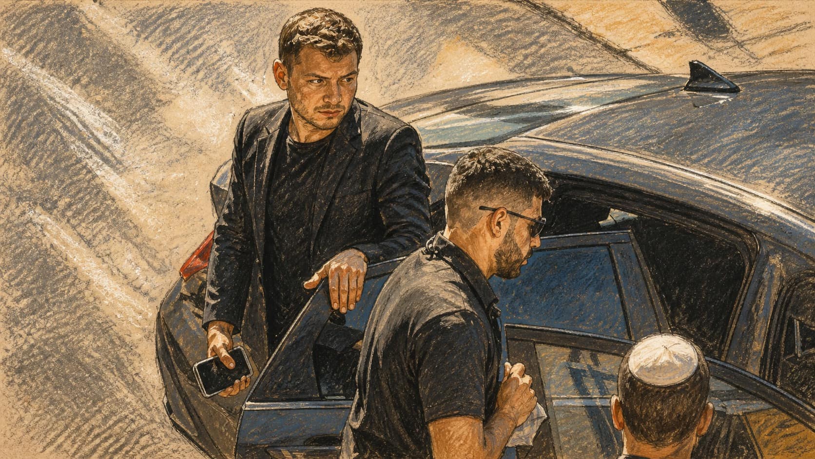 Courtroom-sketch editorial illustration of Yair Netanyahu in a black blazer standing beside a dark car while two security men flank him on a sunlit street, drawn in warm ochre and slate-blue pastel with cross-hatching on sepia newsprint.