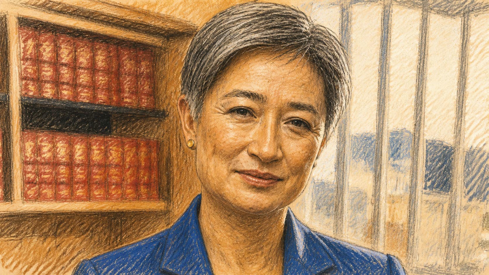 Courtroom-sketch editorial illustration of Australian foreign minister Penny Wong posing in a blue blazer before a bookcase and bright office windows, rendered in warm ochre and slate-blue pastel strokes.