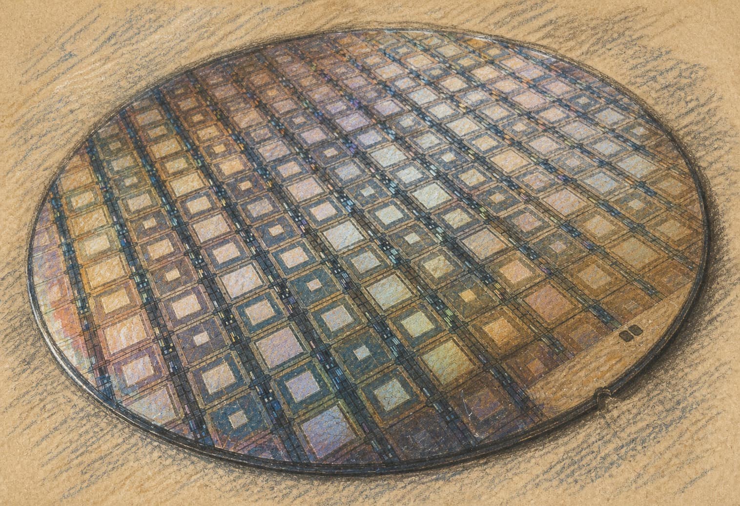 Courtroom-sketch editorial illustration of a reflective circular quantum-computing wafer patterned with rows of square chips, rendered in warm ochre and slate-blue pastel strokes.