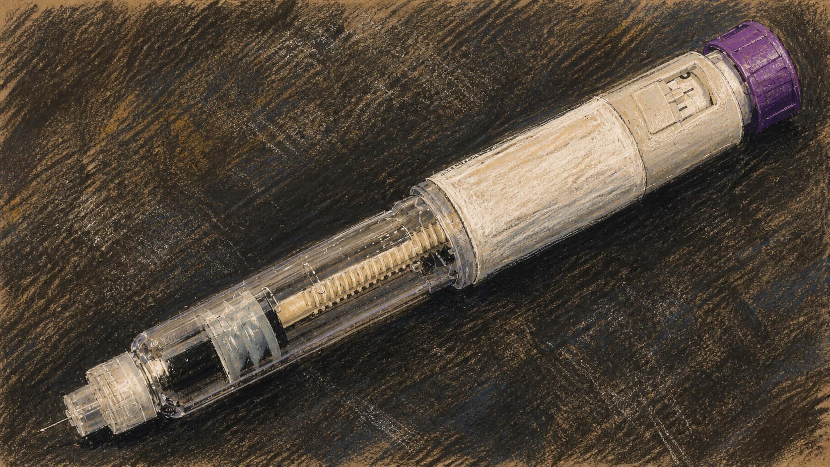 Courtroom-sketch editorial illustration of a single Mounjaro KwikPen injection device lying diagonally on a dark textured surface, with its transparent cartridge and internal mechanism visible, rendered in warm ochre and slate-blue pastel strokes.