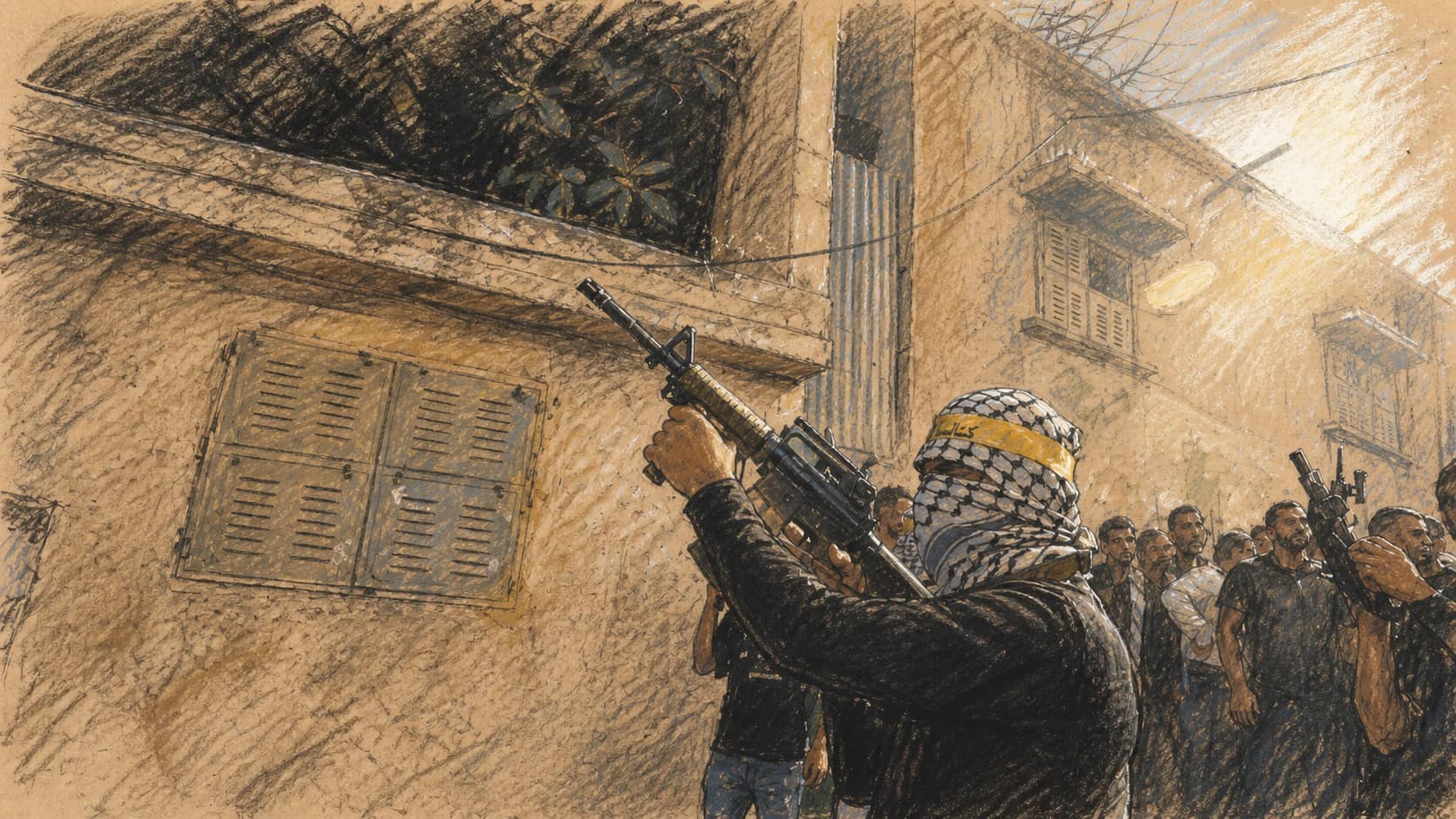 Courtroom-sketch editorial illustration of a masked armed militant raising a rifle in a narrow urban street, with a crowd behind him, drawn in warm ochre and slate-blue pastel with cross-hatching on sepia newsprint.
