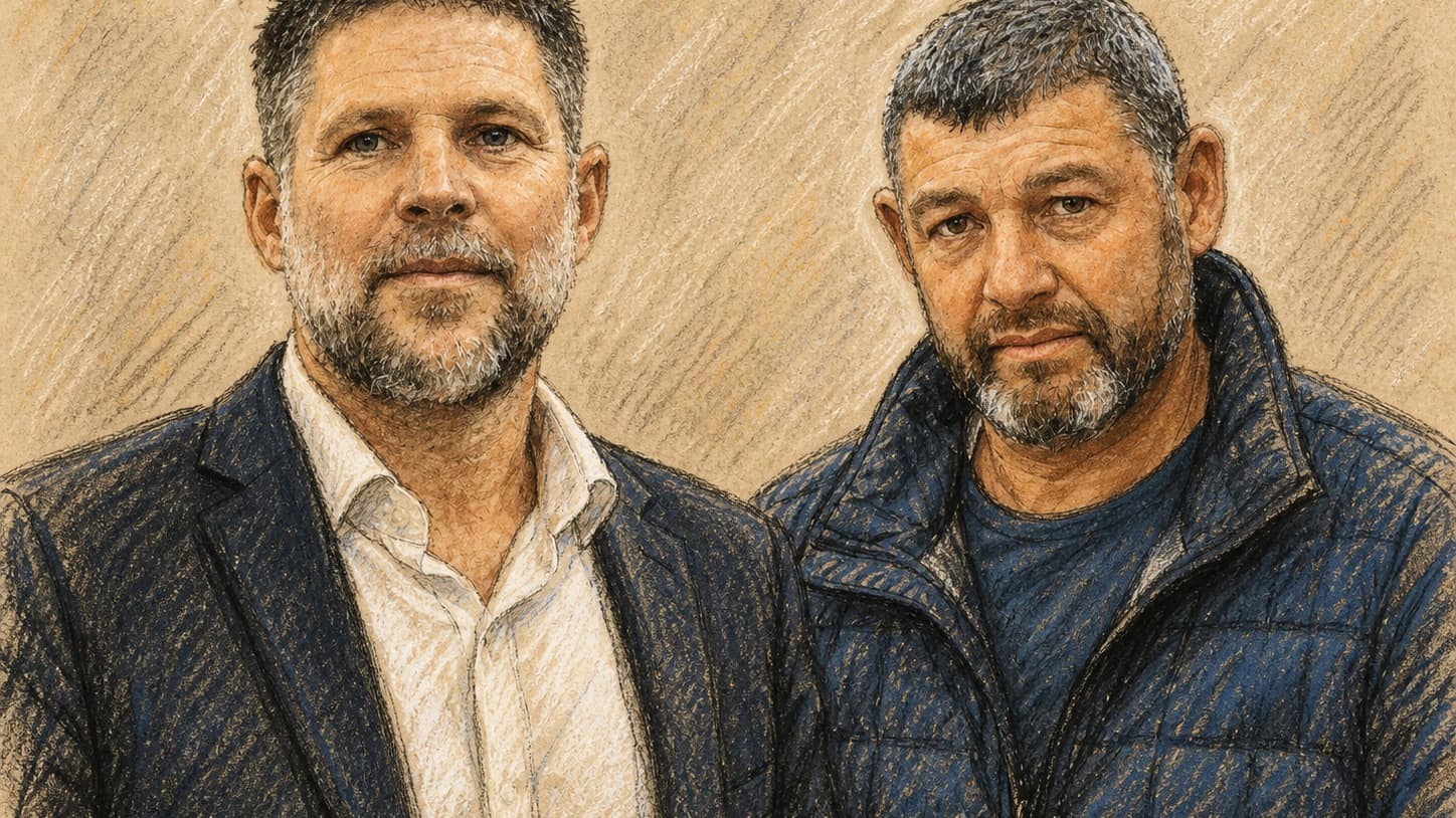 Courtroom-sketch editorial illustration of Bezalel Smotrich and Ofer Winter standing shoulder-to-shoulder, one in a dark suit and white shirt and the other in a navy quilted jacket, drawn in warm ochre and slate-blue pastel with cross-hatching on sepia newsprint.