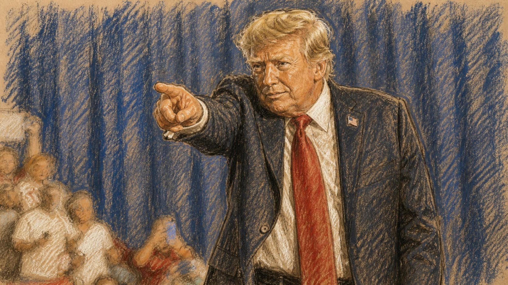 Courtroom-sketch editorial illustration of President Donald Trump in a dark suit and red tie pointing toward the crowd at a rally, with a blue curtain and blurred audience behind him, drawn in warm ochre and slate-blue pastel with cross-hatching on sepia newsprint.