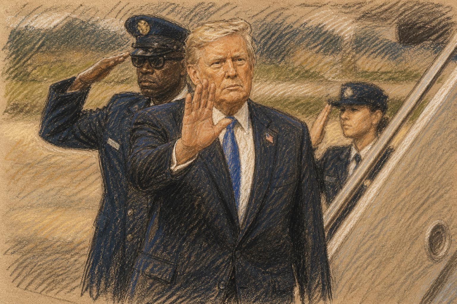 Courtroom-sketch editorial illustration of Donald Trump raising one hand beside an aircraft staircase as uniformed military personnel salute behind him, rendered in warm ochre and slate-blue pastel strokes.