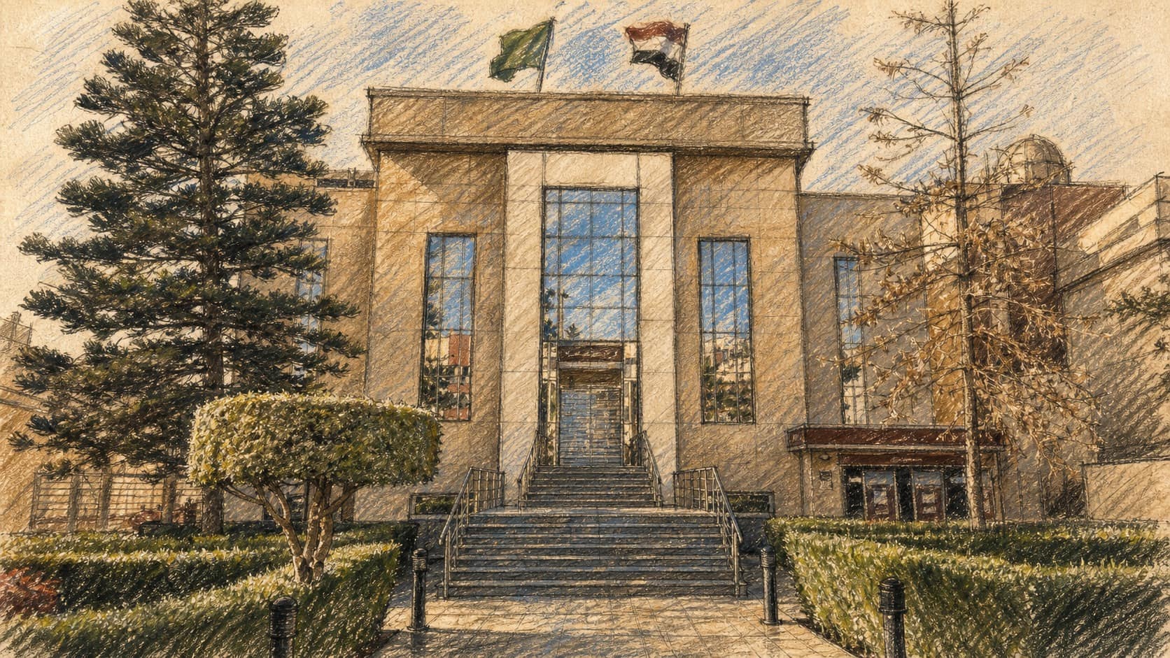 Courtroom-sketch editorial illustration of a Banque Misr branch building viewed from the front, with a central staircase, flanking trees and hedges, and flags above the entrance, drawn in warm ochre and slate-blue pastel with cross-hatching on sepia newsprint.