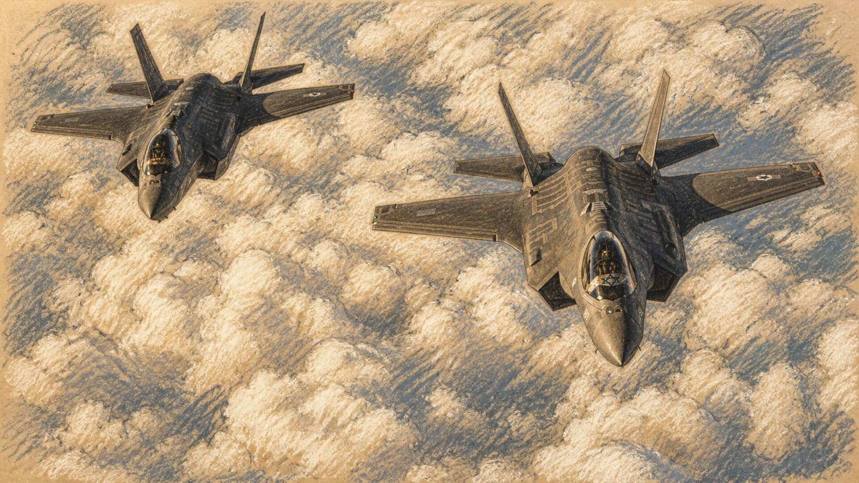 Courtroom-sketch editorial illustration of two Israeli F-35I Adir fighter jets flying in formation above dense white clouds, drawn in warm ochre and slate-blue pastel with cross-hatching on sepia newsprint.