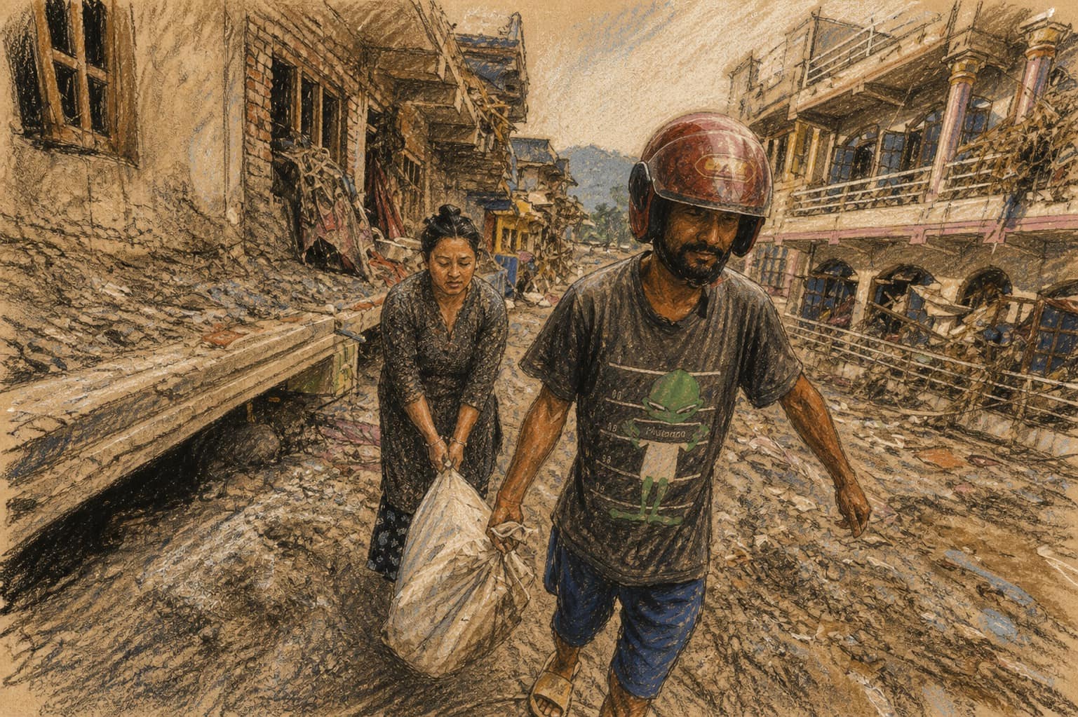 Courtroom-sketch editorial illustration of a helmeted man and a woman carrying salvaged belongings through a muddy street between flood-damaged buildings, rendered in warm ochre and slate-blue pastel strokes.