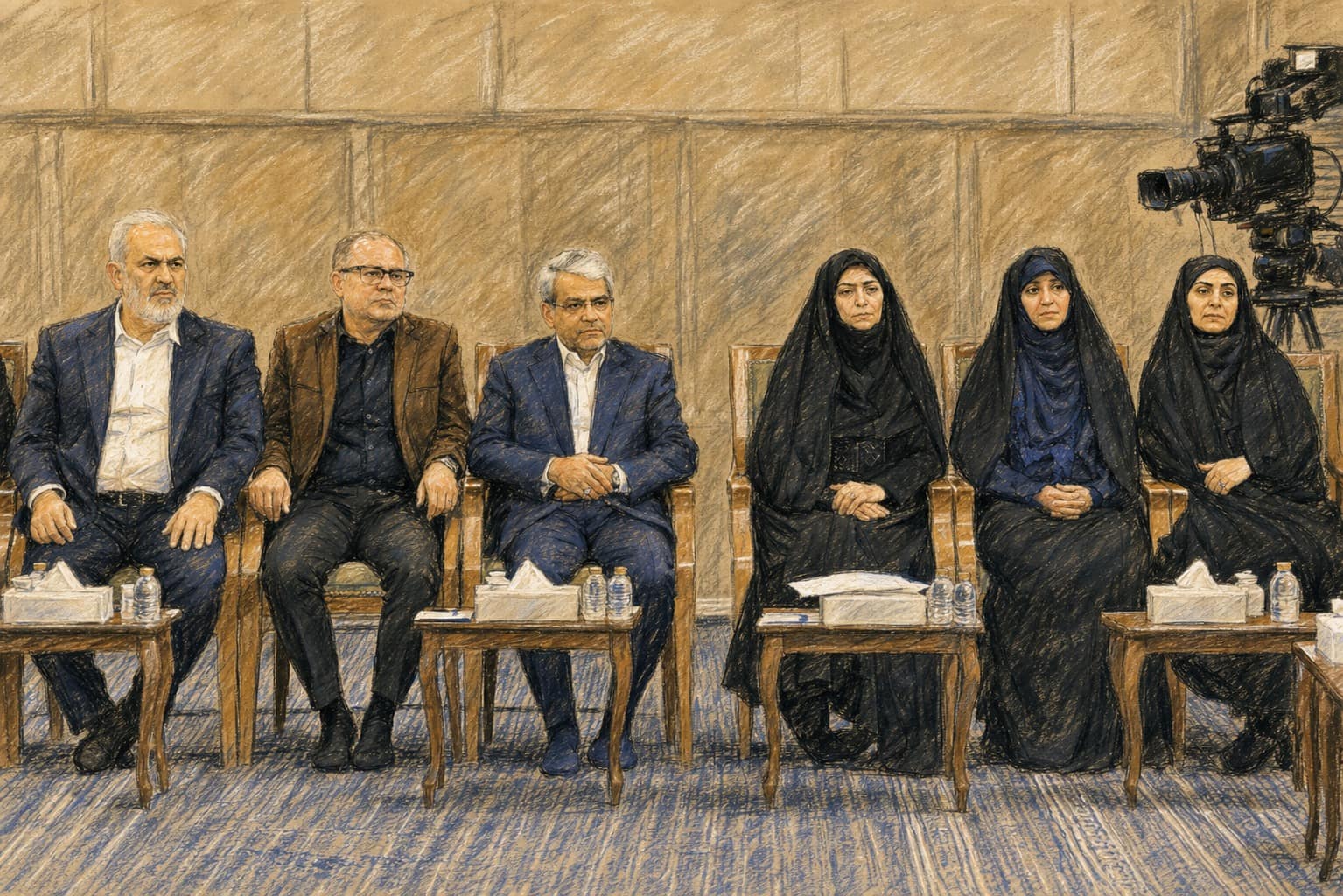 Courtroom-sketch editorial illustration of six members of Iran's government seated in a row at an official meeting, three men at left and three women at right, with small tables and a television camera beside them, drawn in warm ochre and slate-blue pastel with cross-hatching on sepia newsprint.