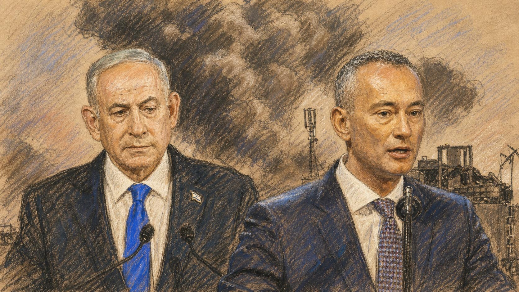 Courtroom-sketch editorial illustration of two suited male officials at podium microphones, with an older gray-haired man on the left and a short-haired man speaking on the right against dark smoke and damaged structures, drawn in warm ochre and slate-blue pastel with cross-hatching on sepia newsprint.