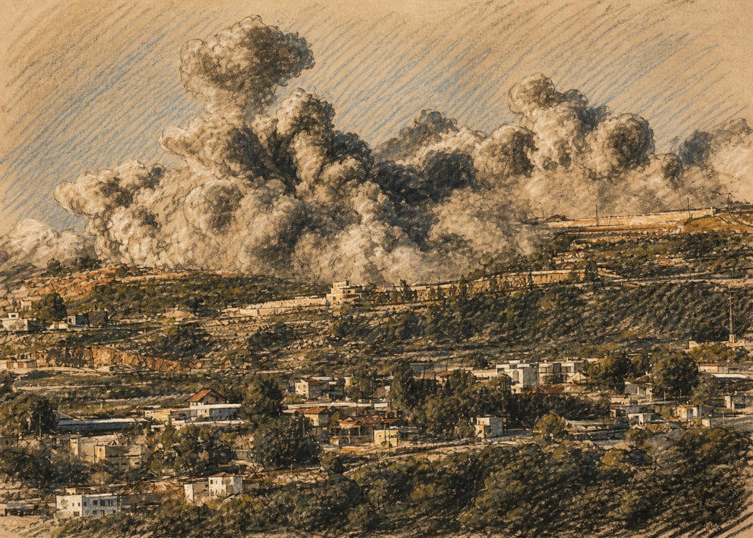 Courtroom-sketch editorial illustration of dense strike smoke rising across a terraced hillside above homes and trees in southern Lebanon, rendered in warm ochre and slate-blue pastel strokes.