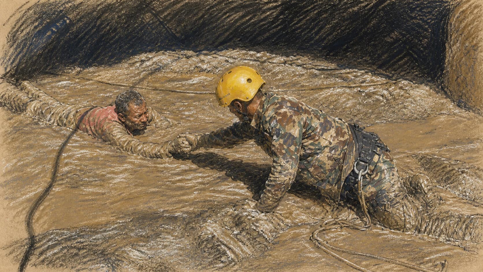 Courtroom-sketch editorial illustration of a helmeted rescuer grasping a mud-covered trapped worker's hand inside a slurry-filled tunnel, rendered in warm ochre and slate-blue pastel strokes.
