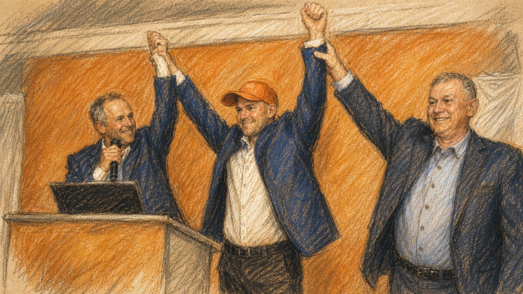 Courtroom-sketch editorial illustration of three men celebrating an election victory with joined hands raised before an orange backdrop, rendered in warm ochre and slate-blue pastel strokes.