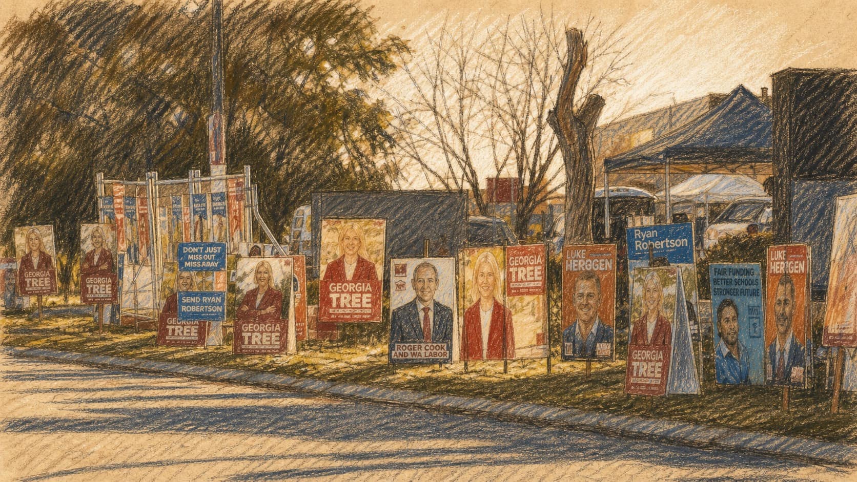 Courtroom-sketch editorial illustration of election campaign signs lining a suburban roadside outside polling-place tents, rendered in warm ochre and slate-blue pastel strokes.