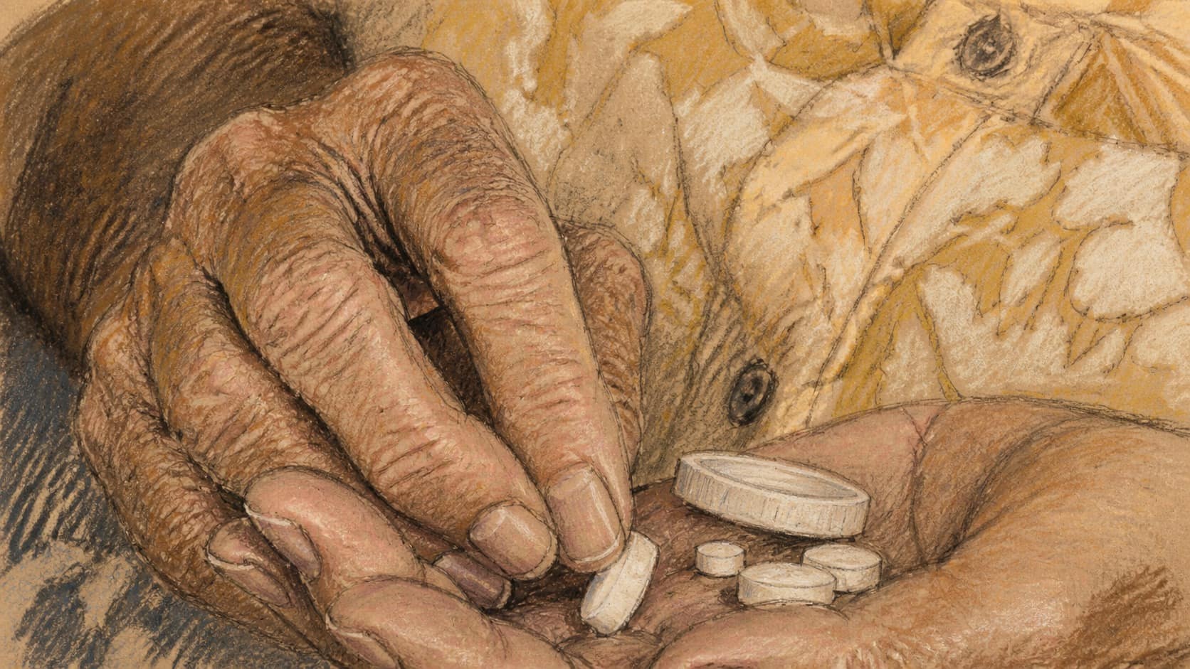 Courtroom-sketch editorial illustration of an older person's hands holding a pill bottle cap beside several white tablets, rendered in warm ochre and slate-blue pastel strokes.