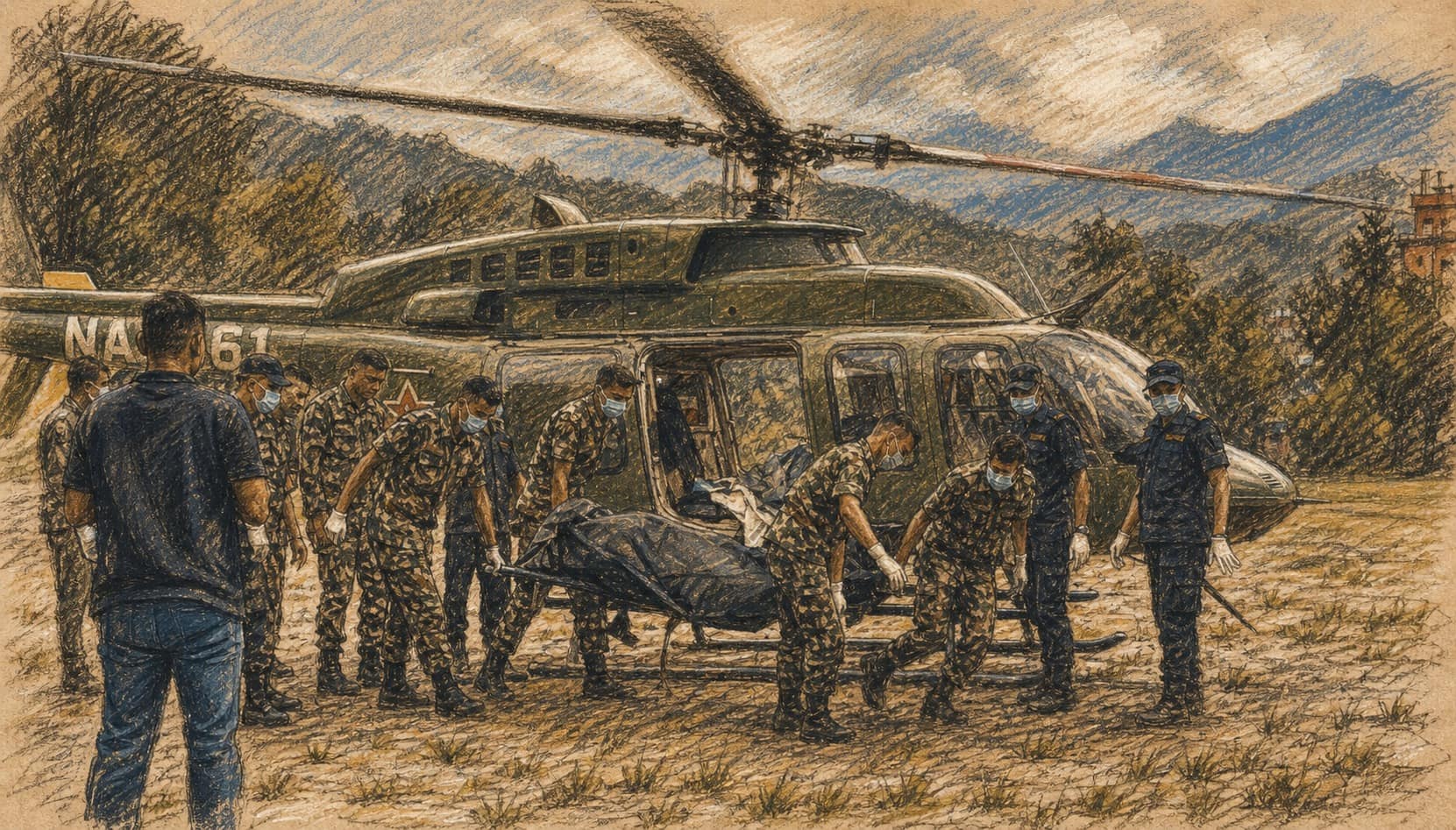 Courtroom-sketch editorial illustration of responders carrying a covered casualty beside a military helicopter in a mountain valley, rendered in warm ochre and slate-blue pastel strokes.