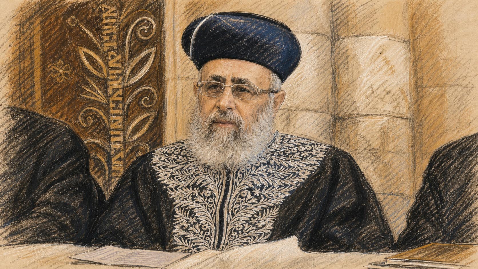 Courtroom-sketch editorial illustration of Rabbi Yitzhak Yosef seated at a table in ornate Sephardic rabbinical robes and a dark round hat, with a pale stone wall and decorative synagogue panel behind him, drawn in warm ochre and slate-blue pastel with cross-hatching on sepia newsprint.