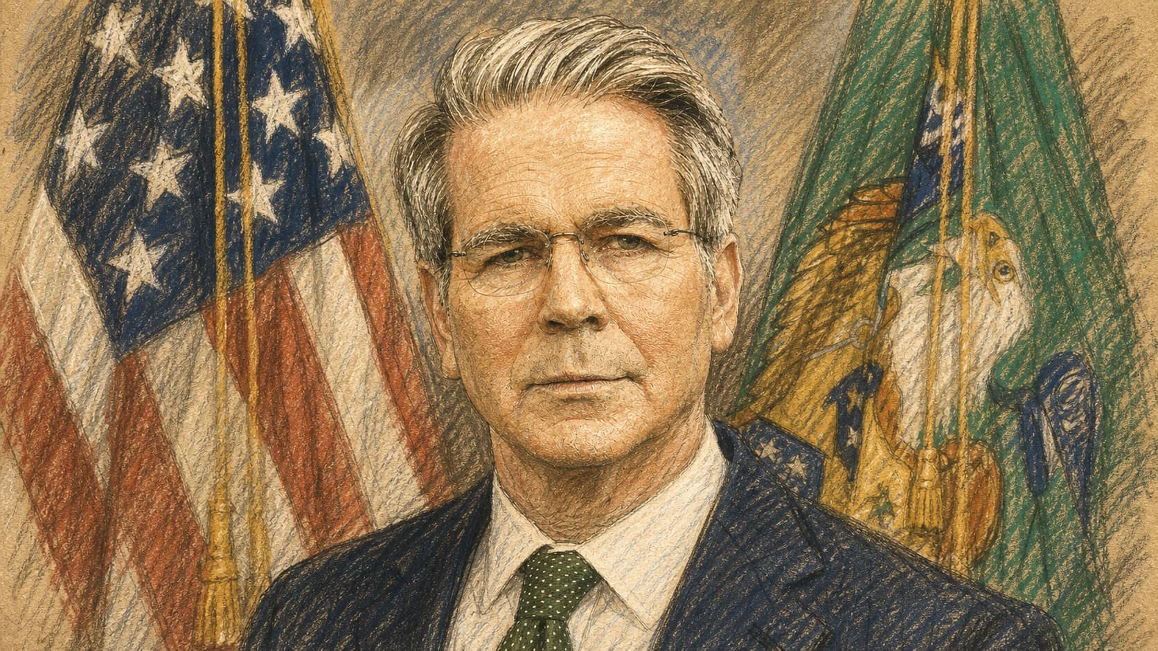 Courtroom-sketch editorial illustration of U.S. Treasury Secretary Scott Bessent in a dark suit and green tie between the United States and Treasury flags, rendered in warm ochre and slate-blue pastel strokes.