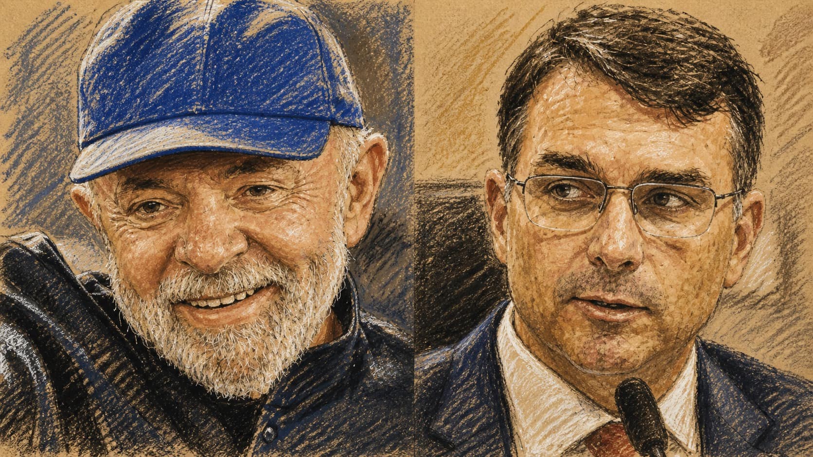 Courtroom-sketch editorial illustration of Luiz Inácio Lula da Silva smiling in a blue cap opposite Flávio Bolsonaro speaking at a microphone, rendered in warm ochre and slate-blue pastel strokes.
