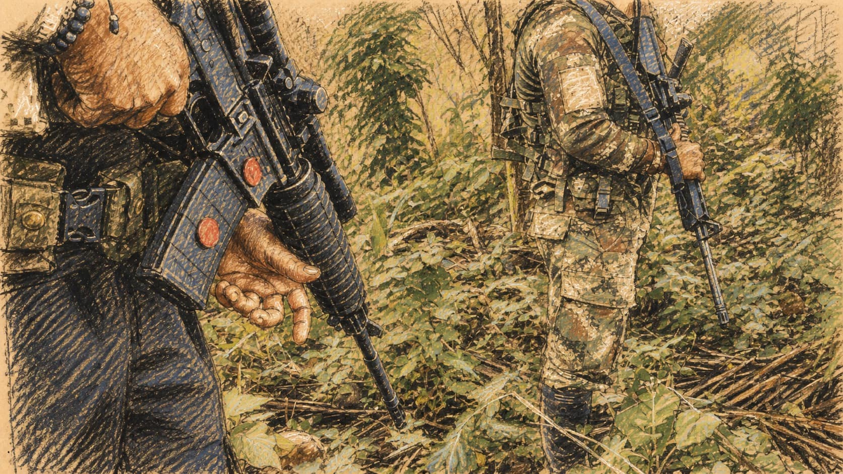 Courtroom-sketch editorial illustration of two armed Colombian security personnel patrolling dense tropical undergrowth, with rifles prominent in the foreground, rendered in warm ochre and slate-blue pastel strokes.